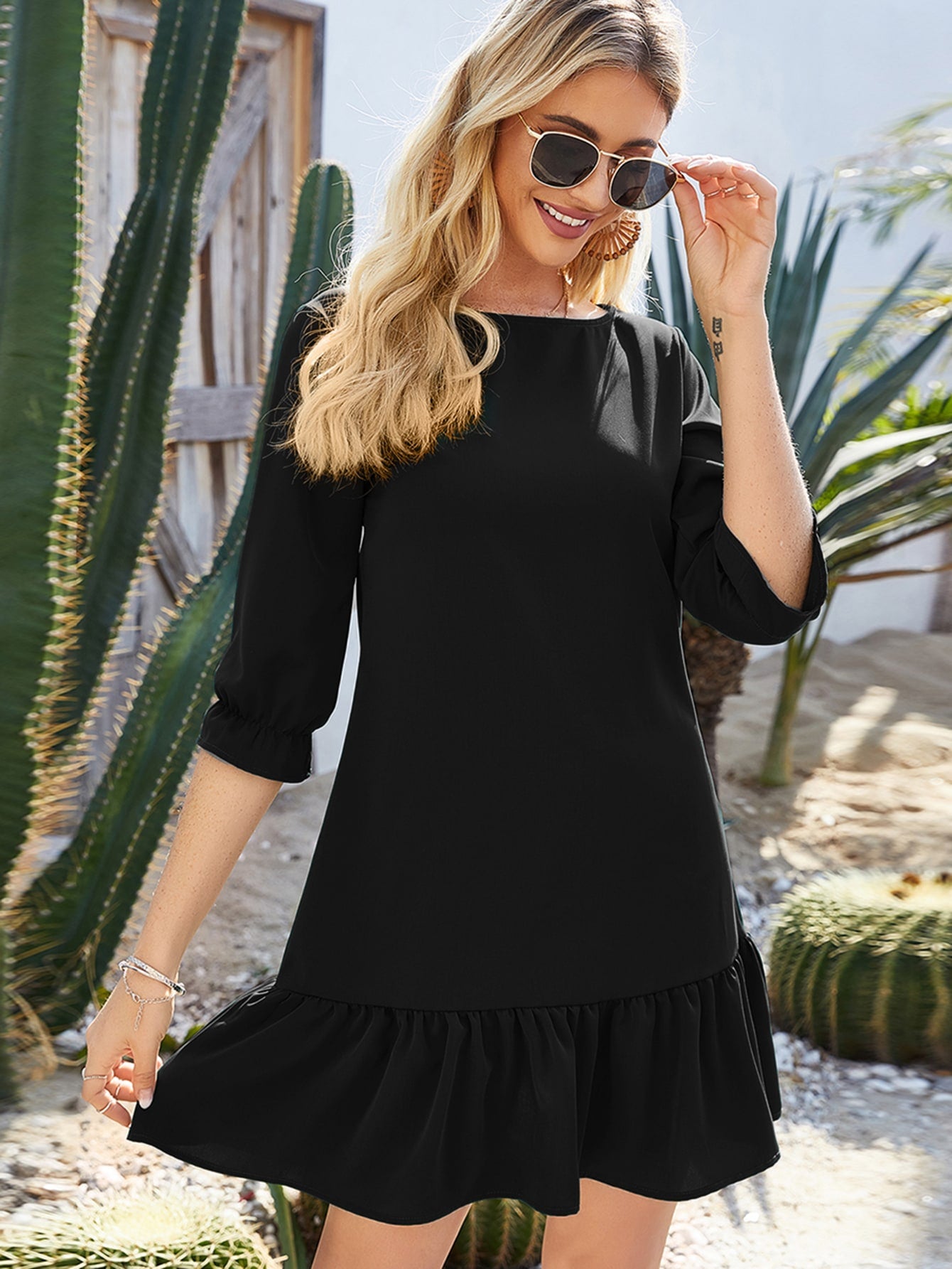 Solid Round Neck Babydoll Dress