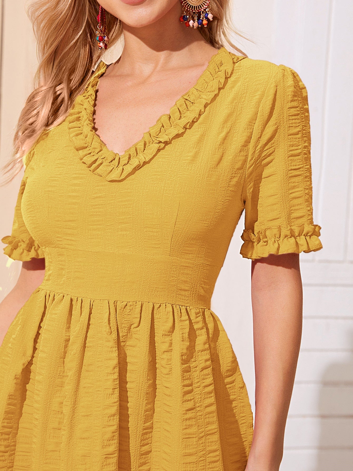 Frill Trim Flounce Hem Solid Dress