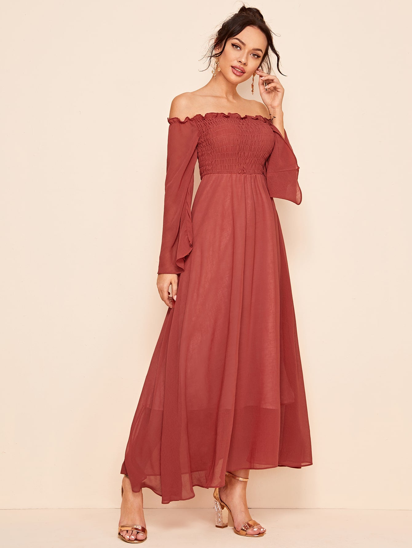 Frill Trim Shirred Bardot Chiffon A-line Dress