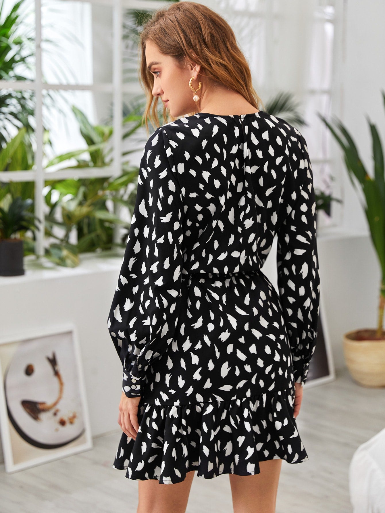 Allover Print Shirred Waist Ruffle Hem Dress