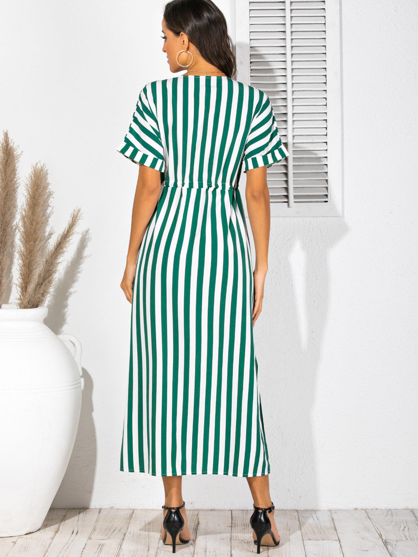 Striped Button Through Drawstring Waist Split Thigh Dress