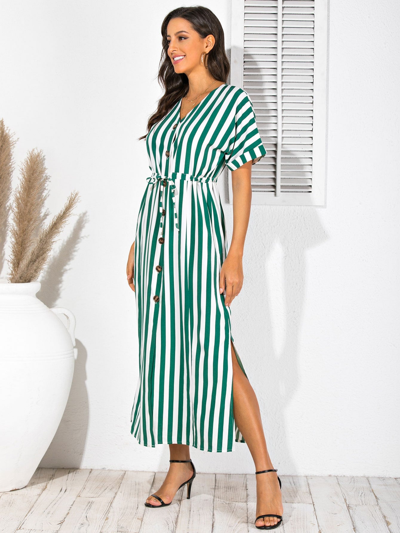 Striped Button Through Drawstring Waist Split Thigh Dress