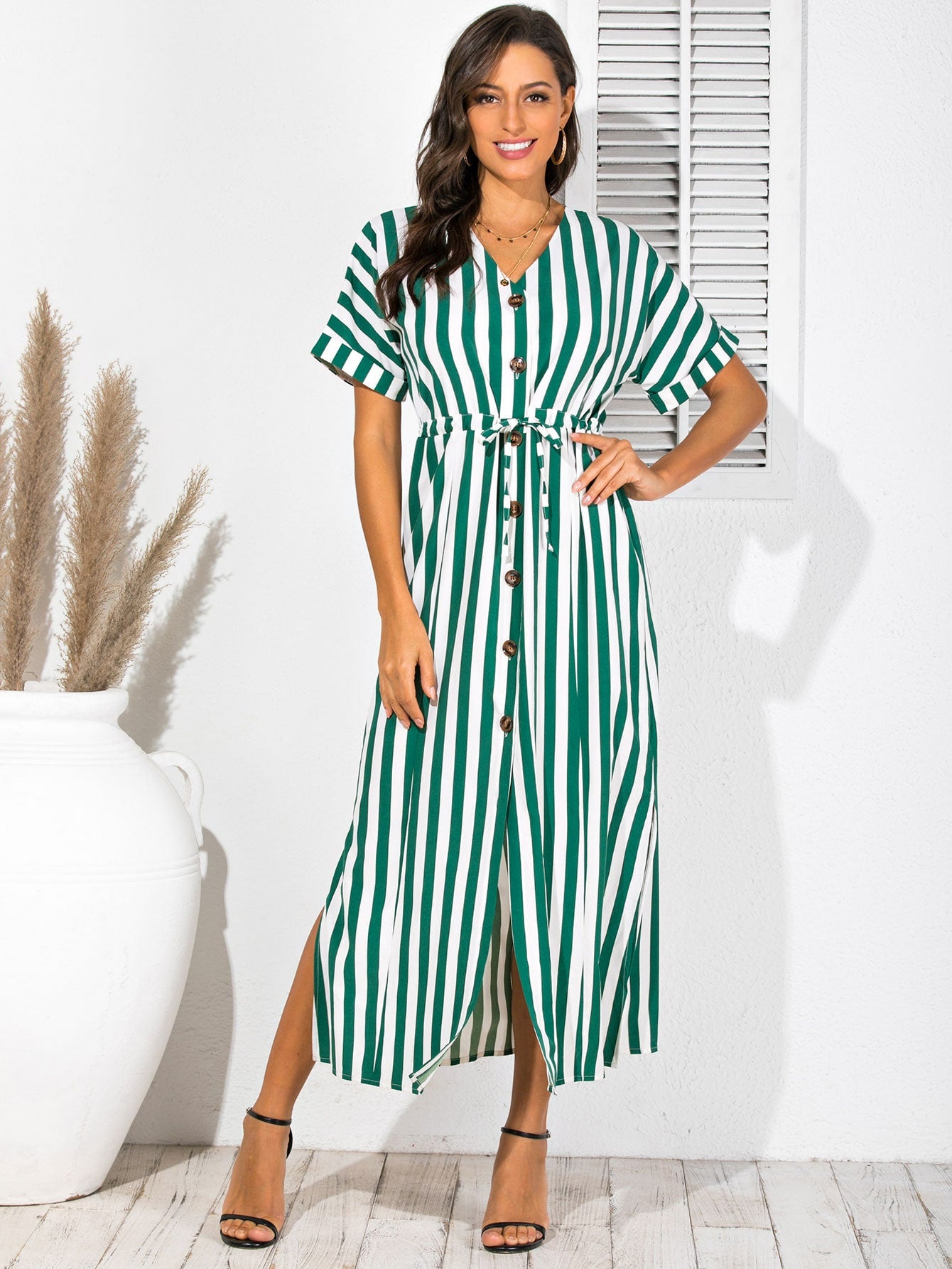 Striped Button Through Drawstring Waist Split Thigh Dress
