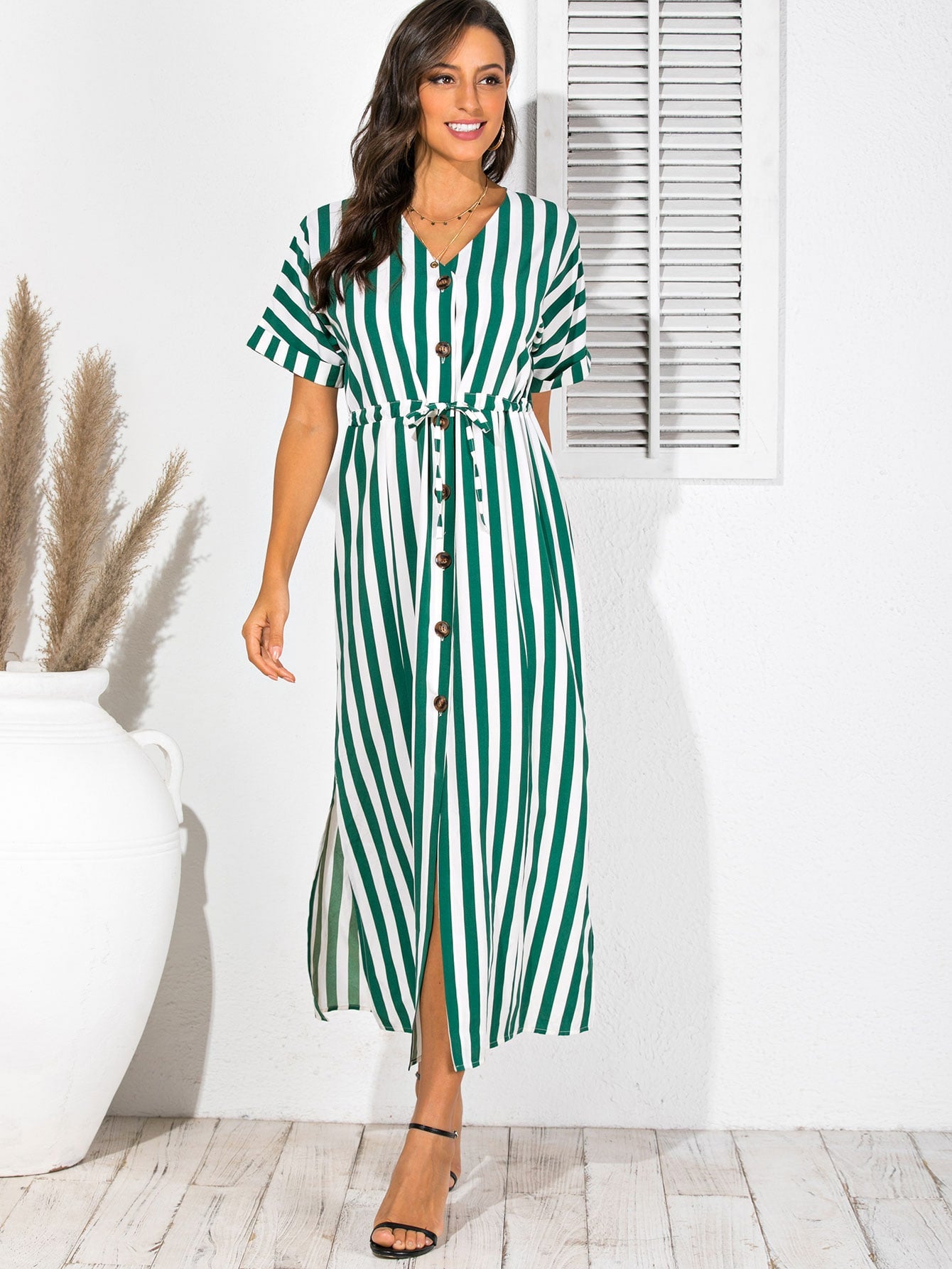 Striped Button Through Drawstring Waist Split Thigh Dress