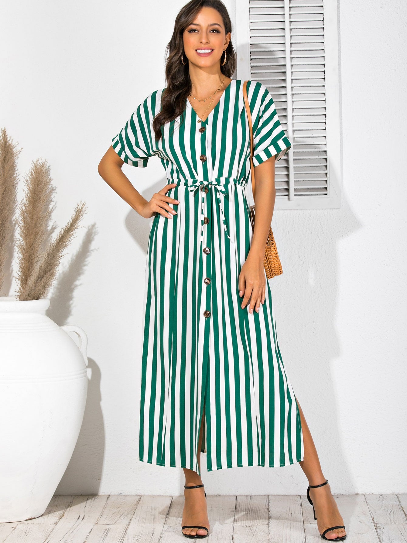 Striped Button Through Drawstring Waist Split Thigh Dress