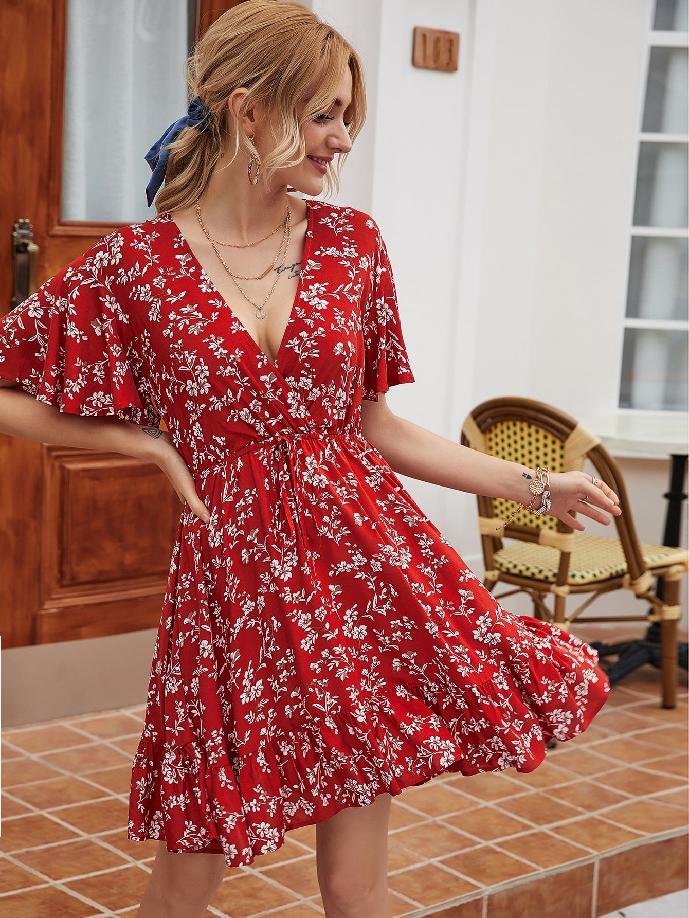 Ditsy Floral Surplice Front Dress