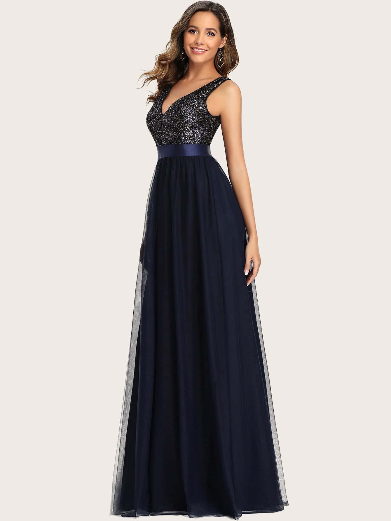 Sequin Bodice Mesh Prom Dress