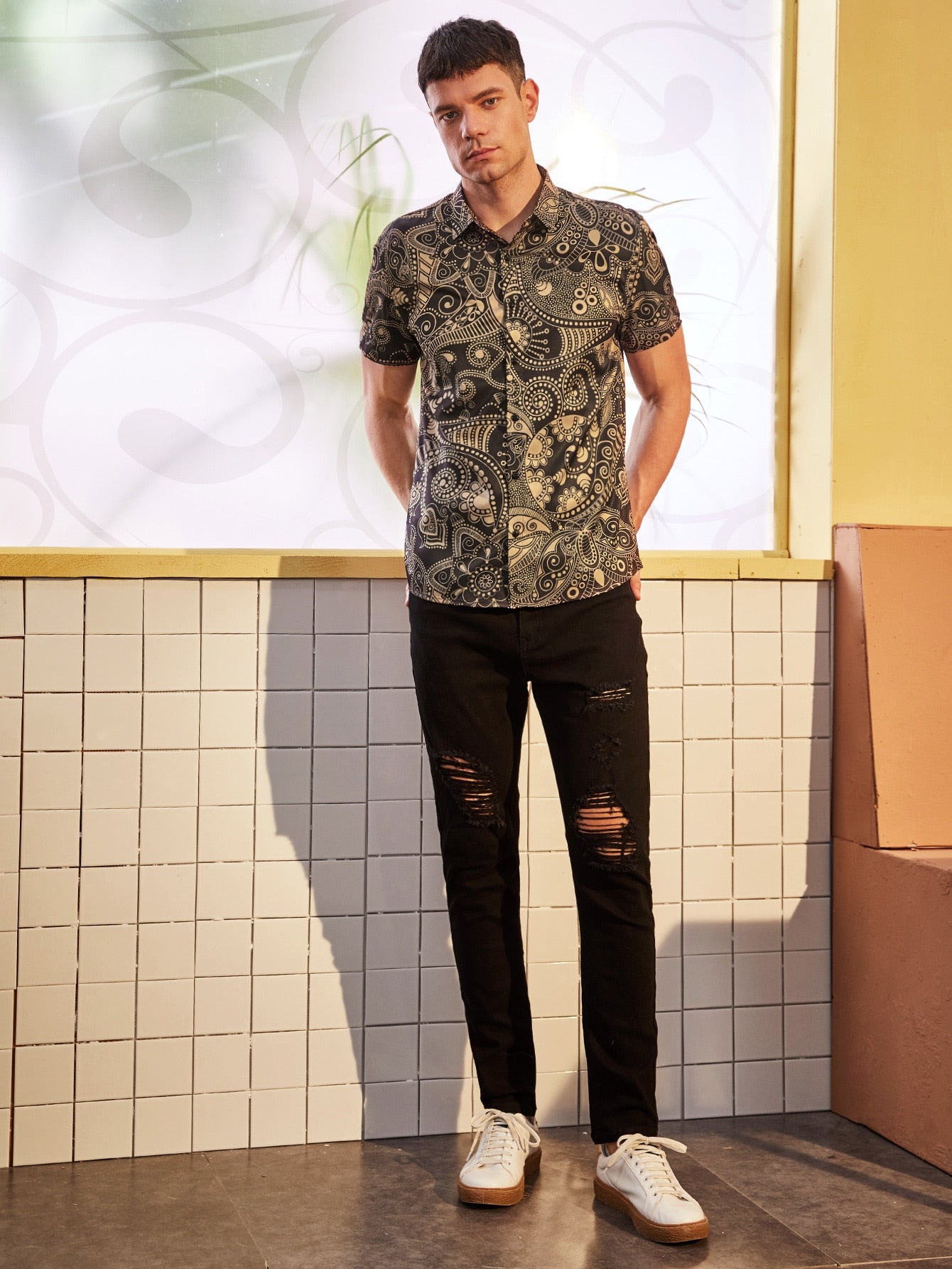 Men Tribal Print Button Up Shirt