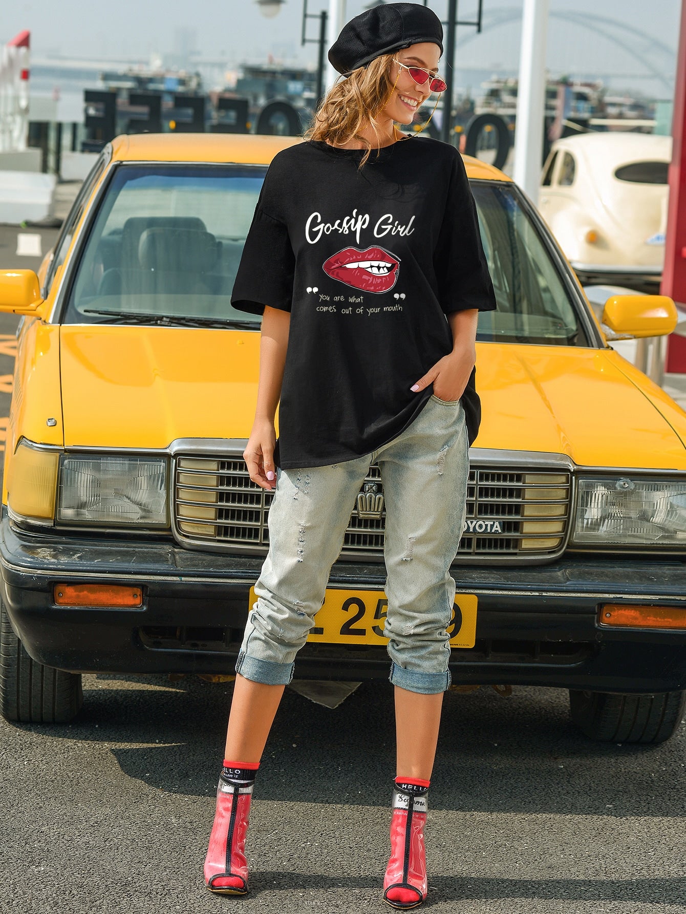 Lip And Slogan Graphic Oversized Tee