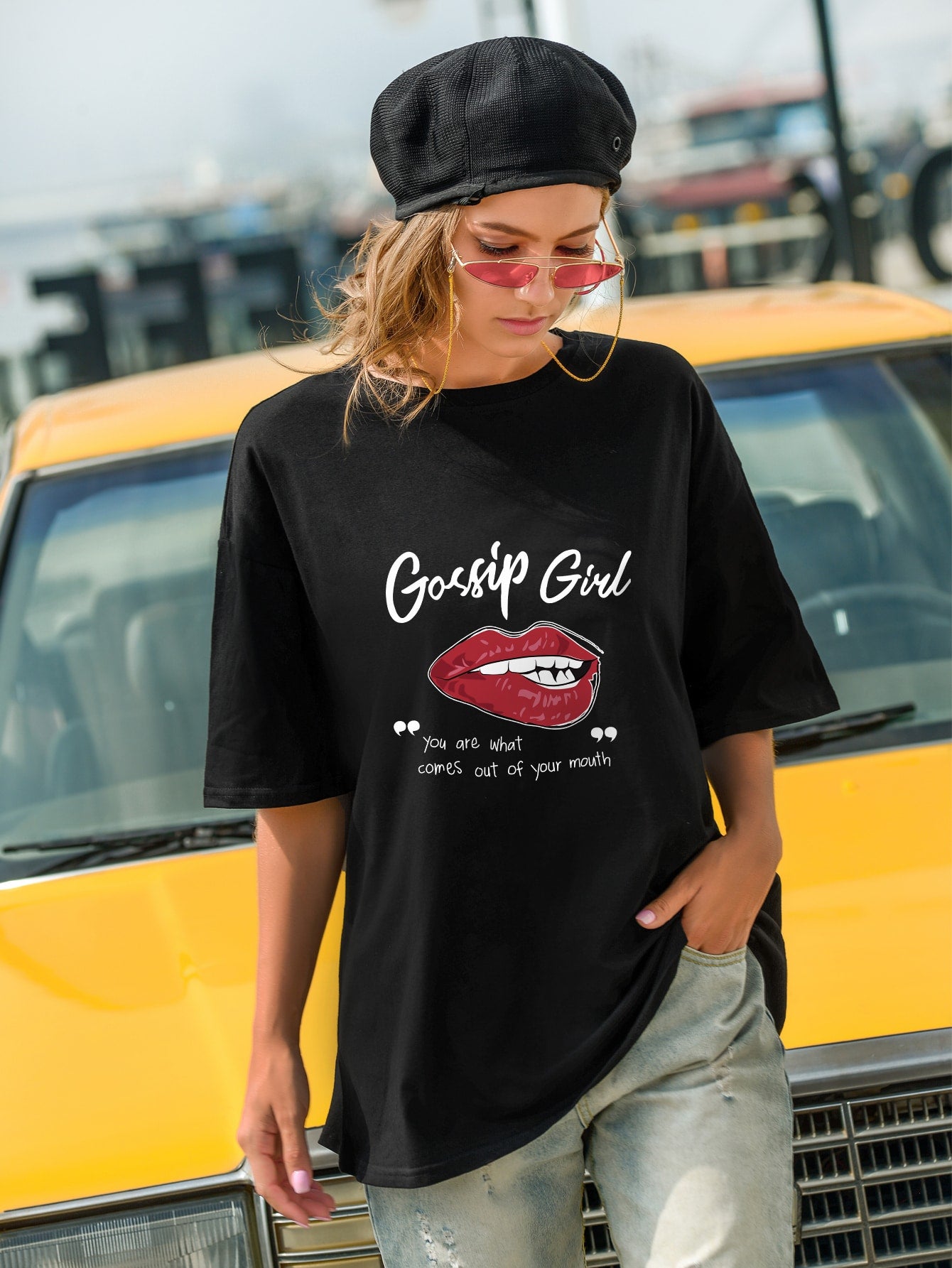 Lip And Slogan Graphic Oversized Tee