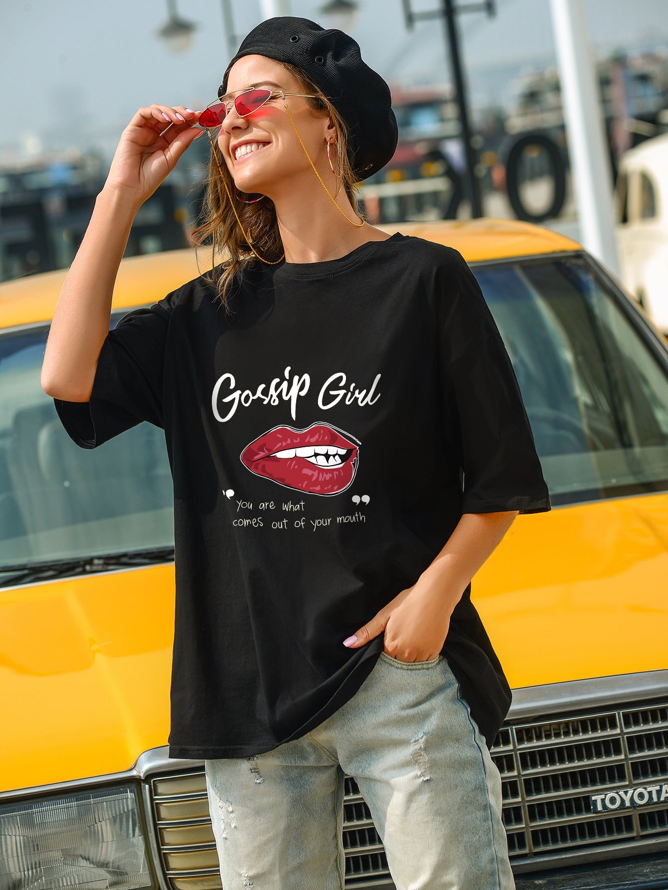 Lip And Slogan Graphic Oversized Tee