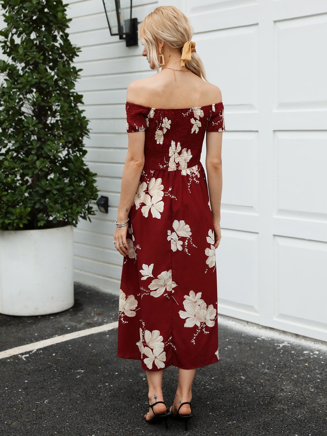 Off Shoulder Shirred Detail Floral Print Split Hem Dress