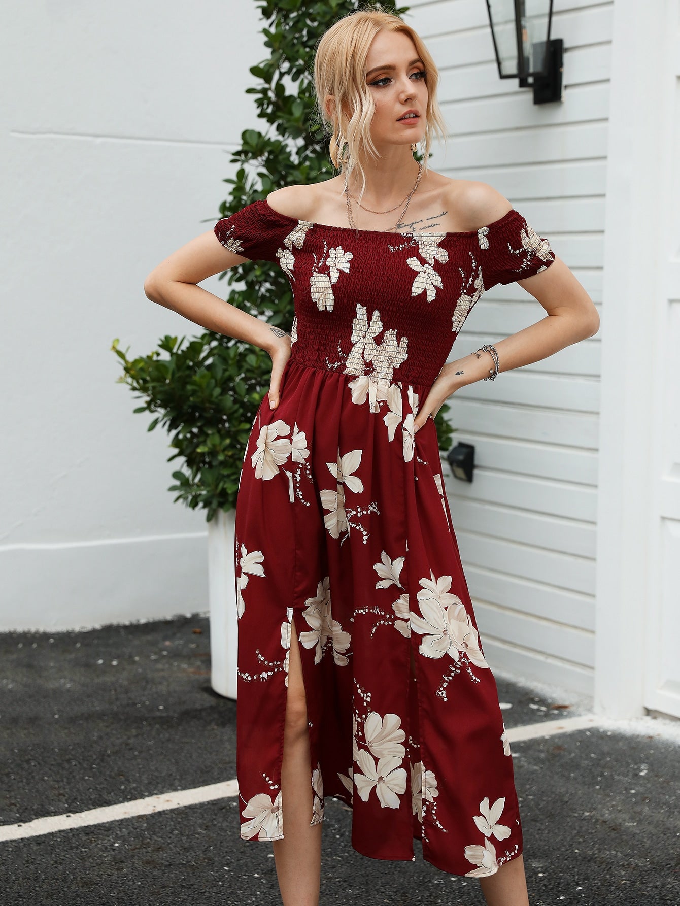 Off Shoulder Shirred Detail Floral Print Split Hem Dress