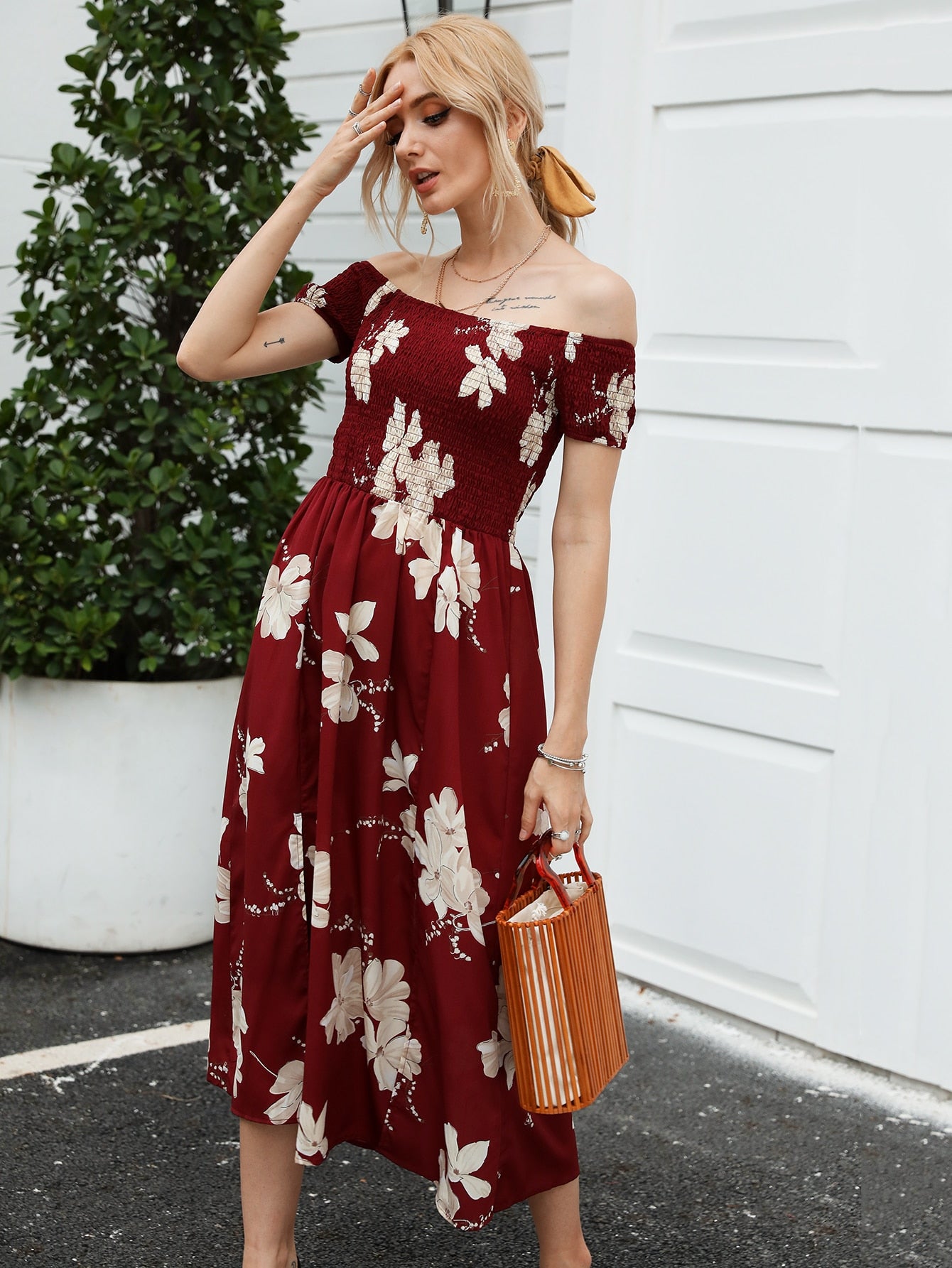 Off Shoulder Shirred Detail Floral Print Split Hem Dress