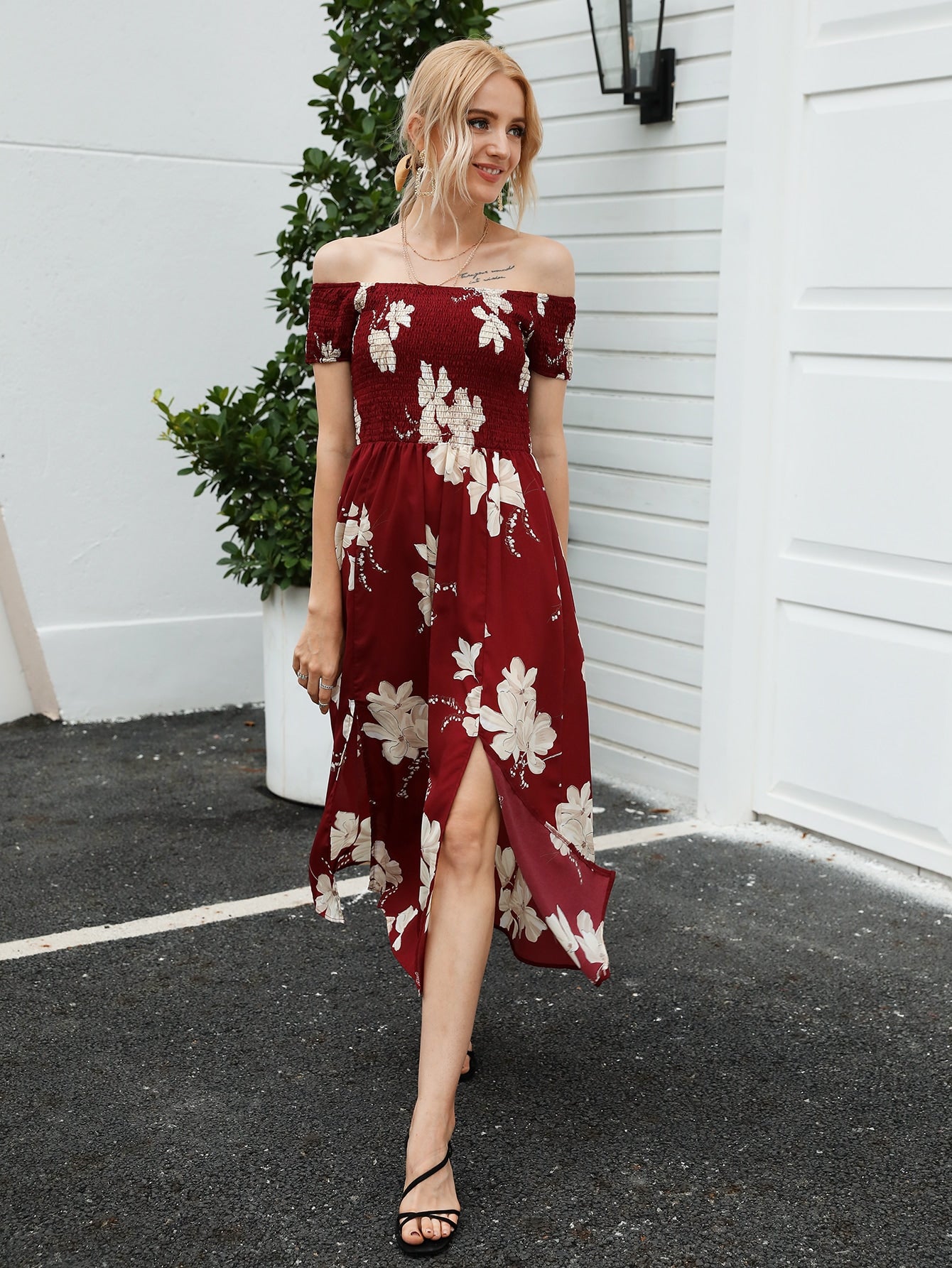 Off Shoulder Shirred Detail Floral Print Split Hem Dress