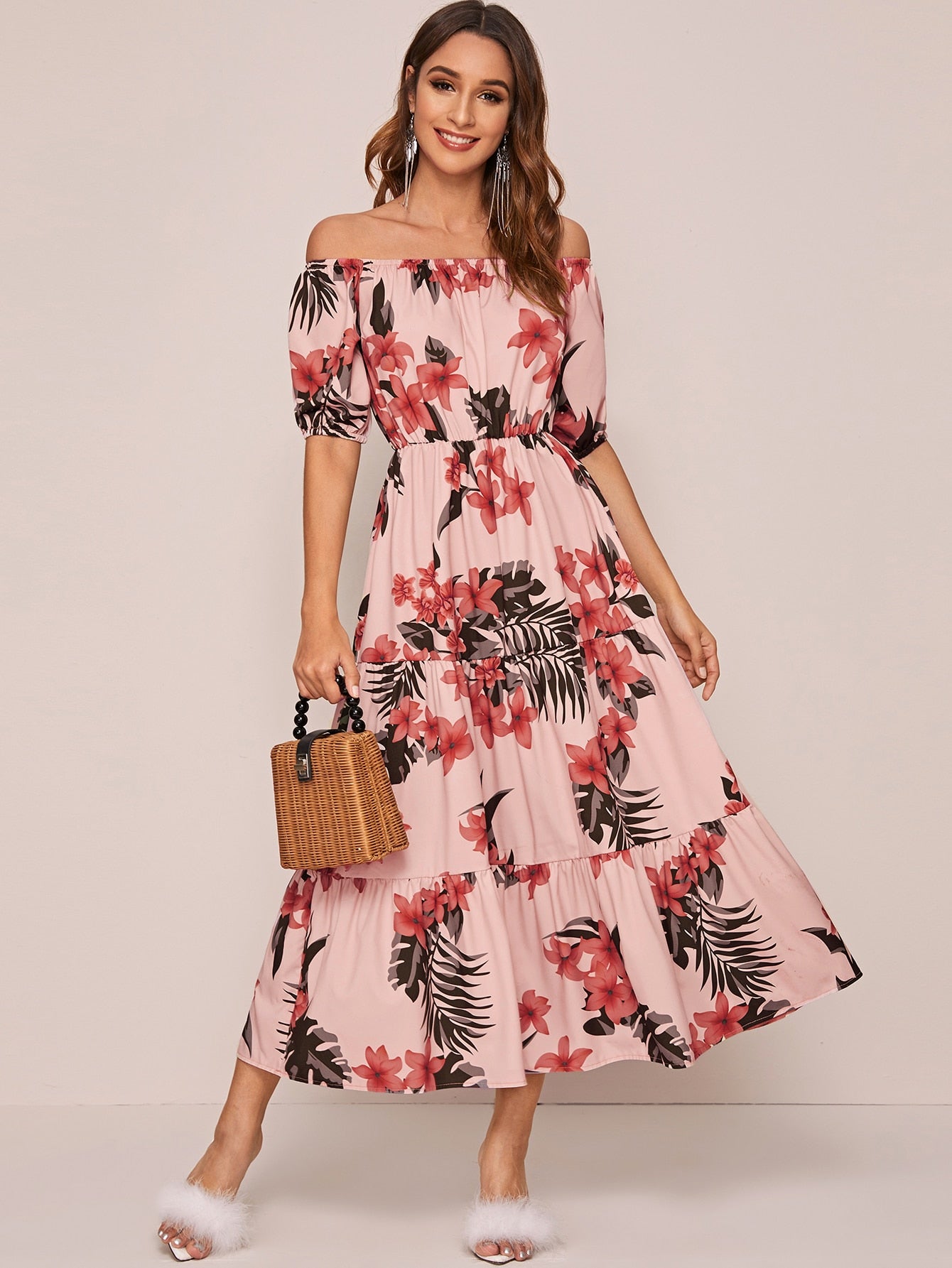 Bardot Floral Print Ruffle Hem A-line Dress