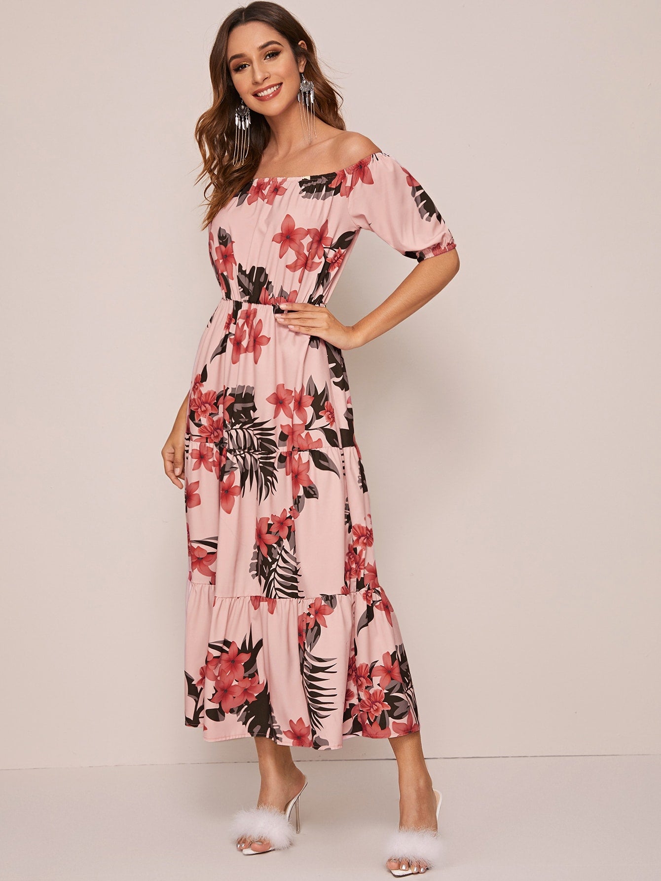 Bardot Floral Print Ruffle Hem A-line Dress
