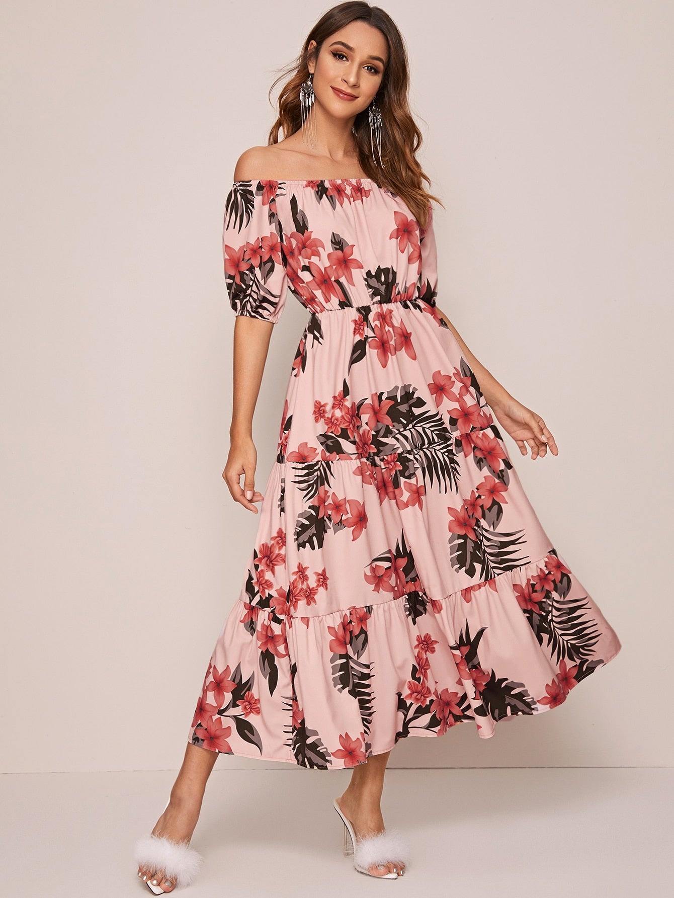 Bardot Floral Print Ruffle Hem A-line Dress