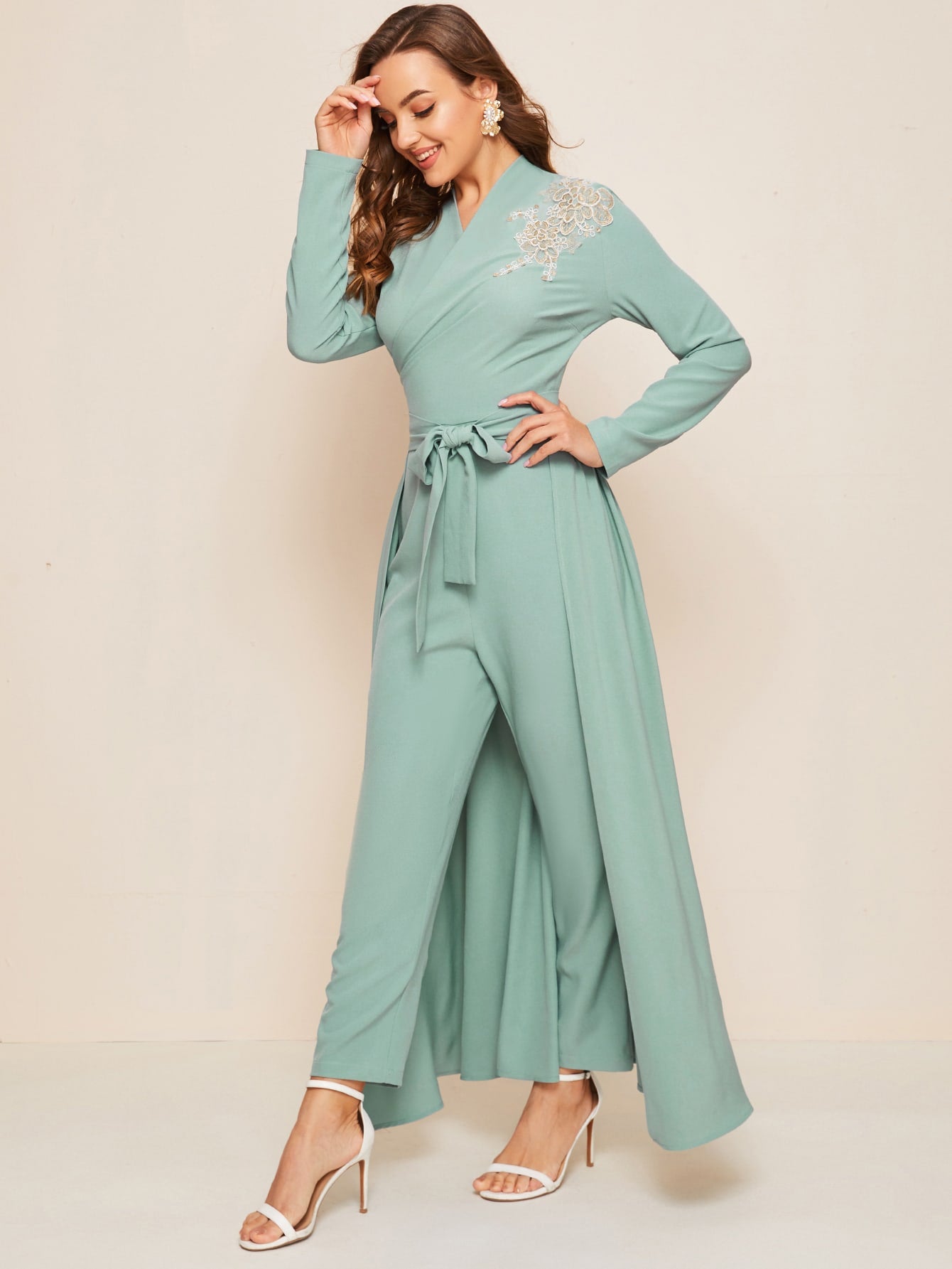 Surplice Neck Applique Detail Tie Front Jumpsuit With Skirt