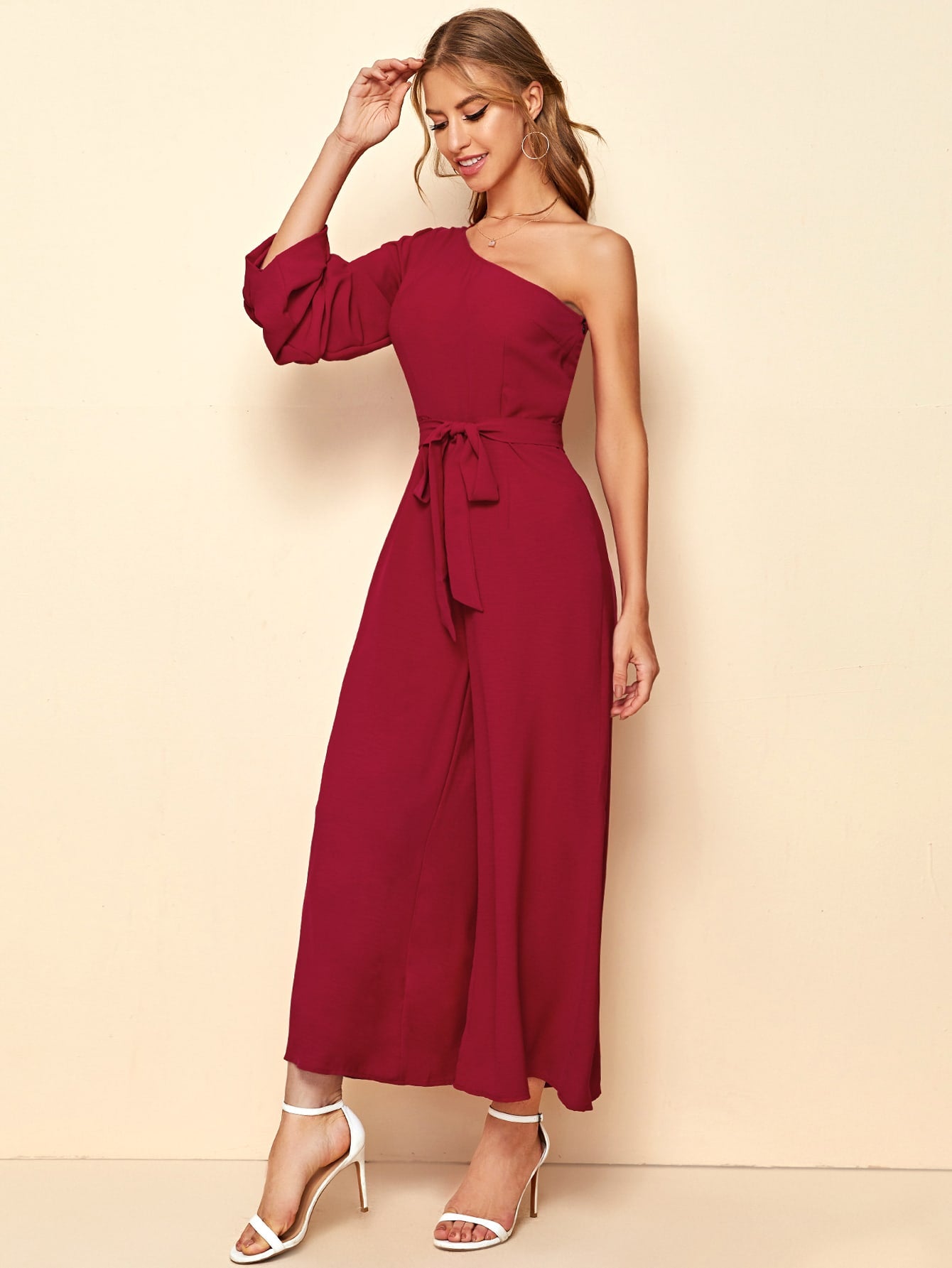 One Shoulder Gathered Sleeve Belted Palazzo Jumpsuit