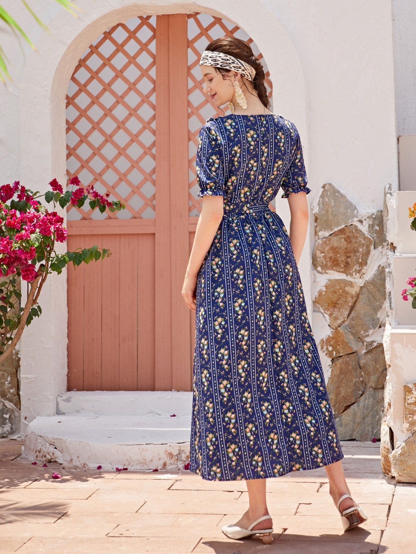 Allover Floral Print Frill Trim Belted Dress