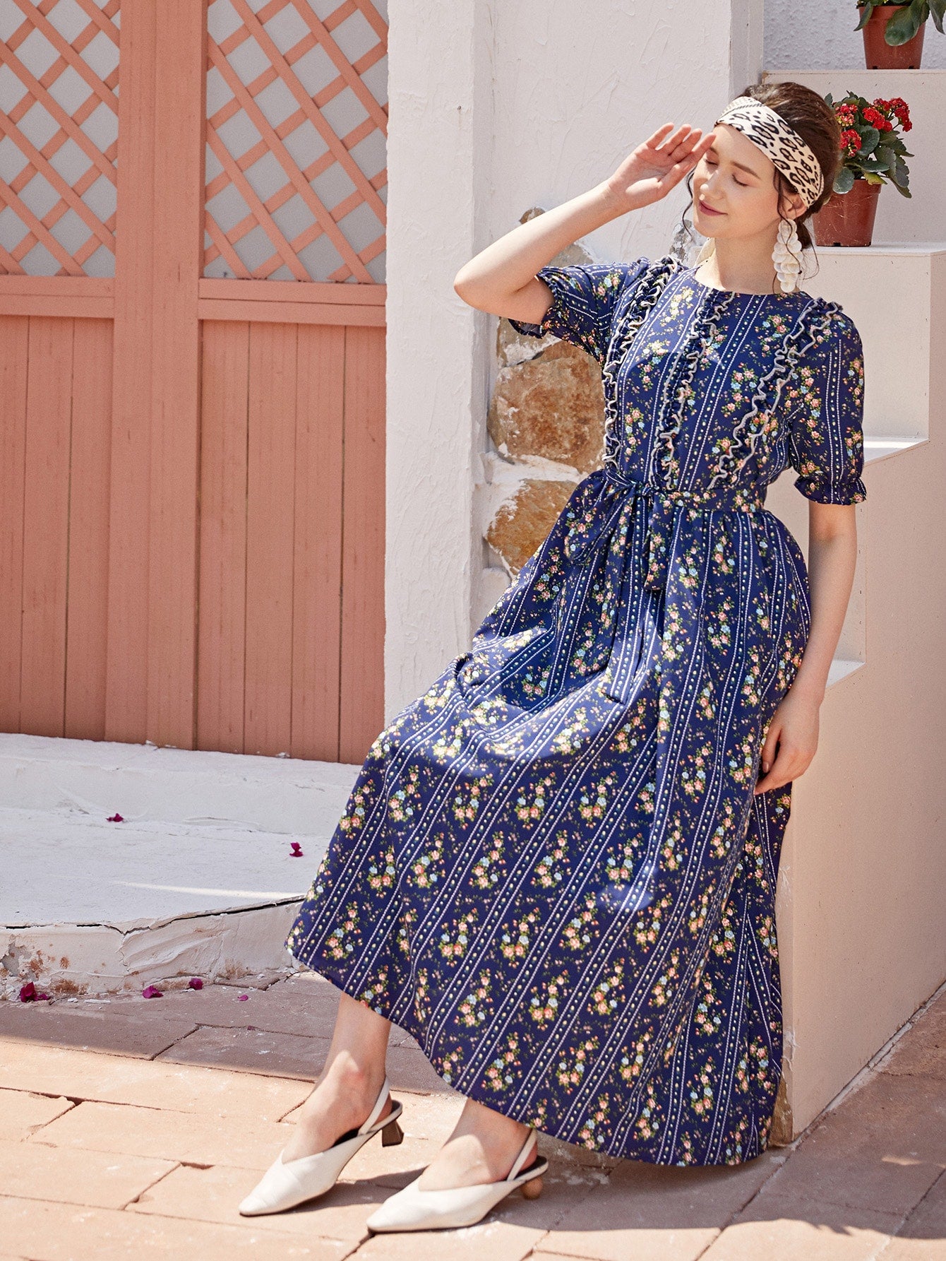 Allover Floral Print Frill Trim Belted Dress