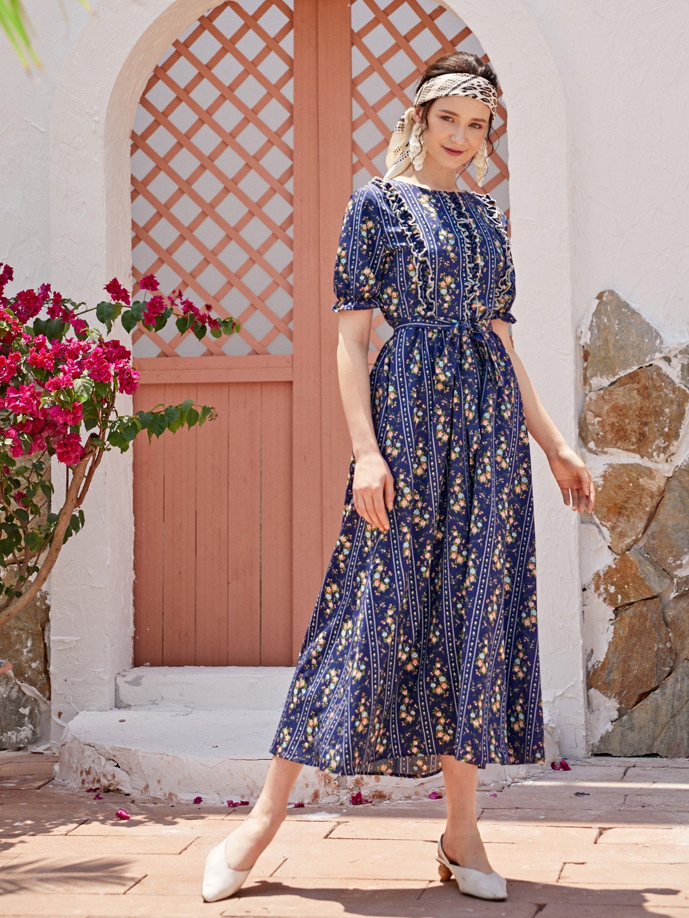 Allover Floral Print Frill Trim Belted Dress