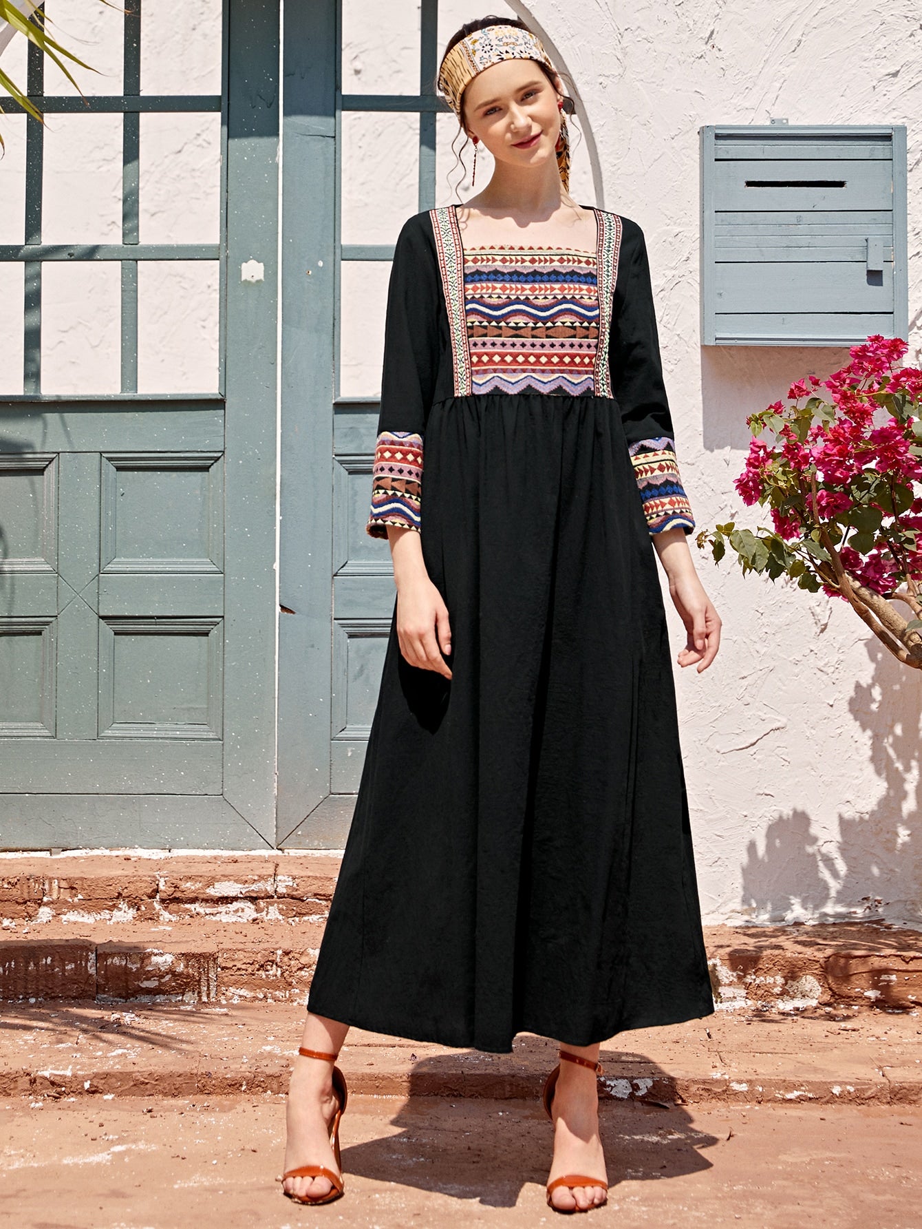 Square Neck Tribal Print Smock Dress