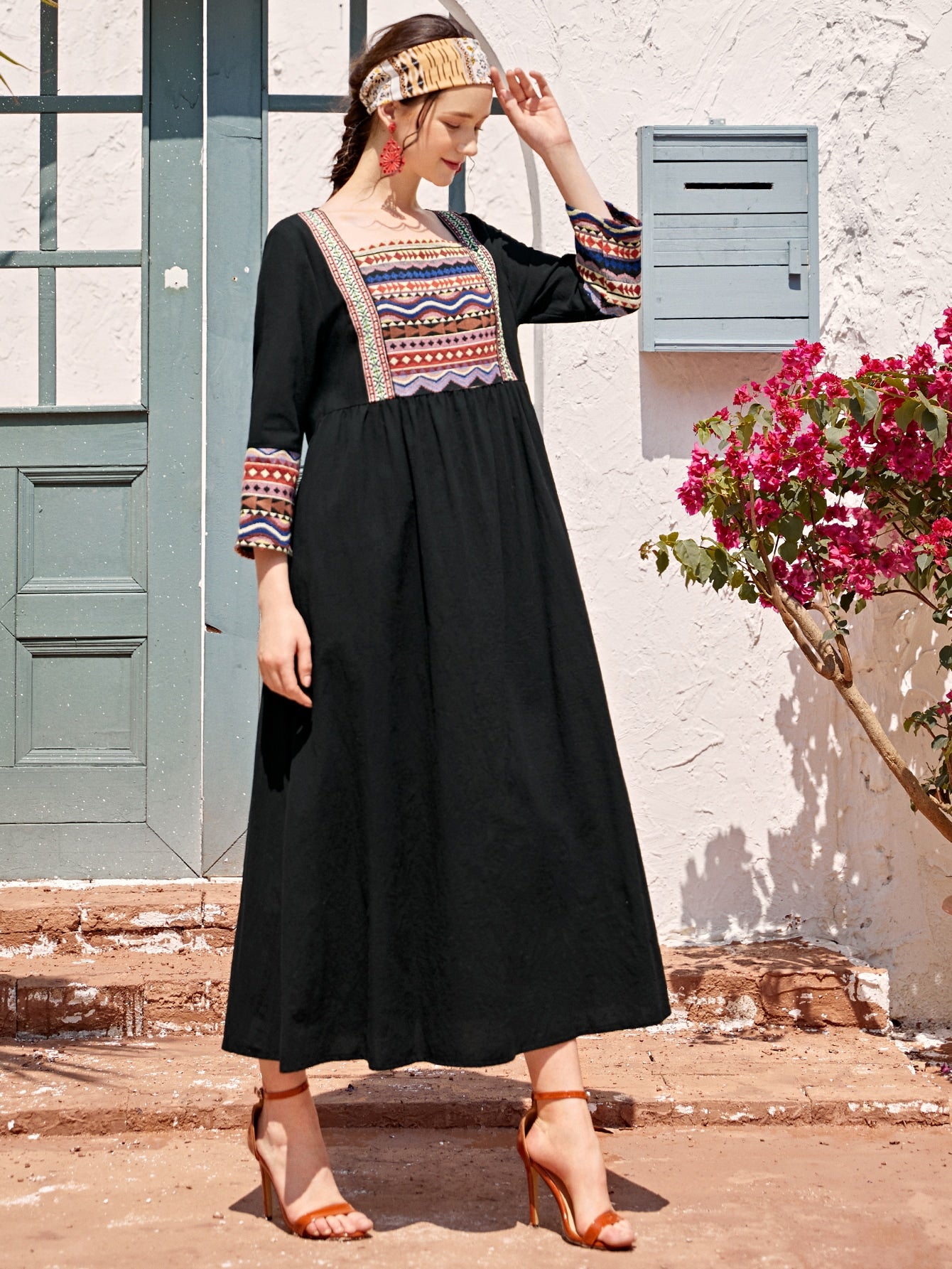 Square Neck Tribal Print Smock Dress