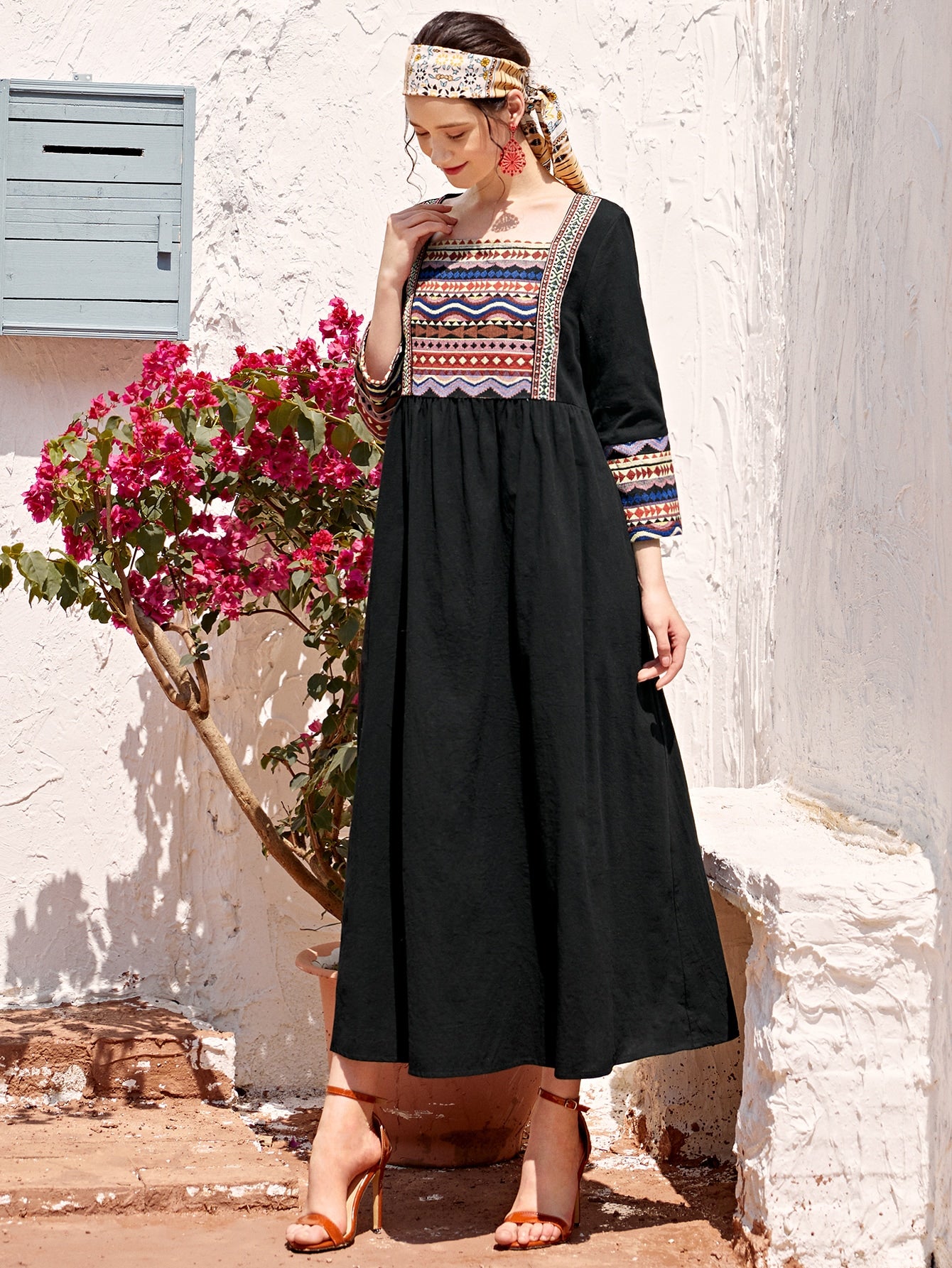 Square Neck Tribal Print Smock Dress