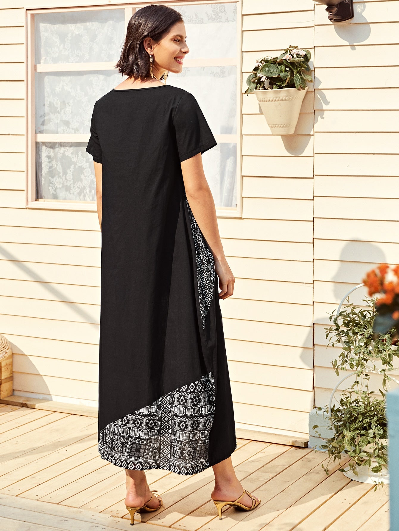 Contrast Aztec Panel Long Dress
