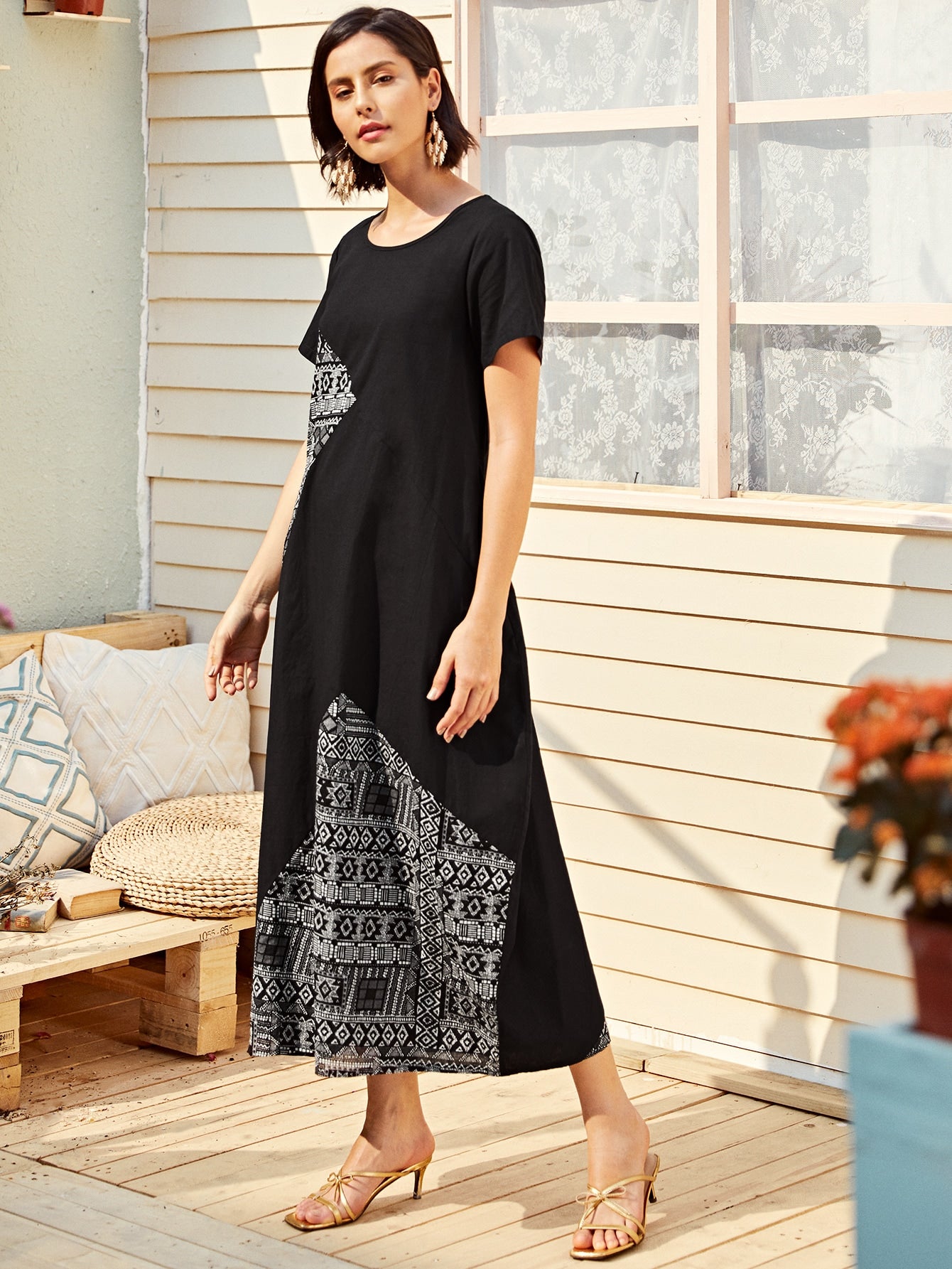 Contrast Aztec Panel Long Dress