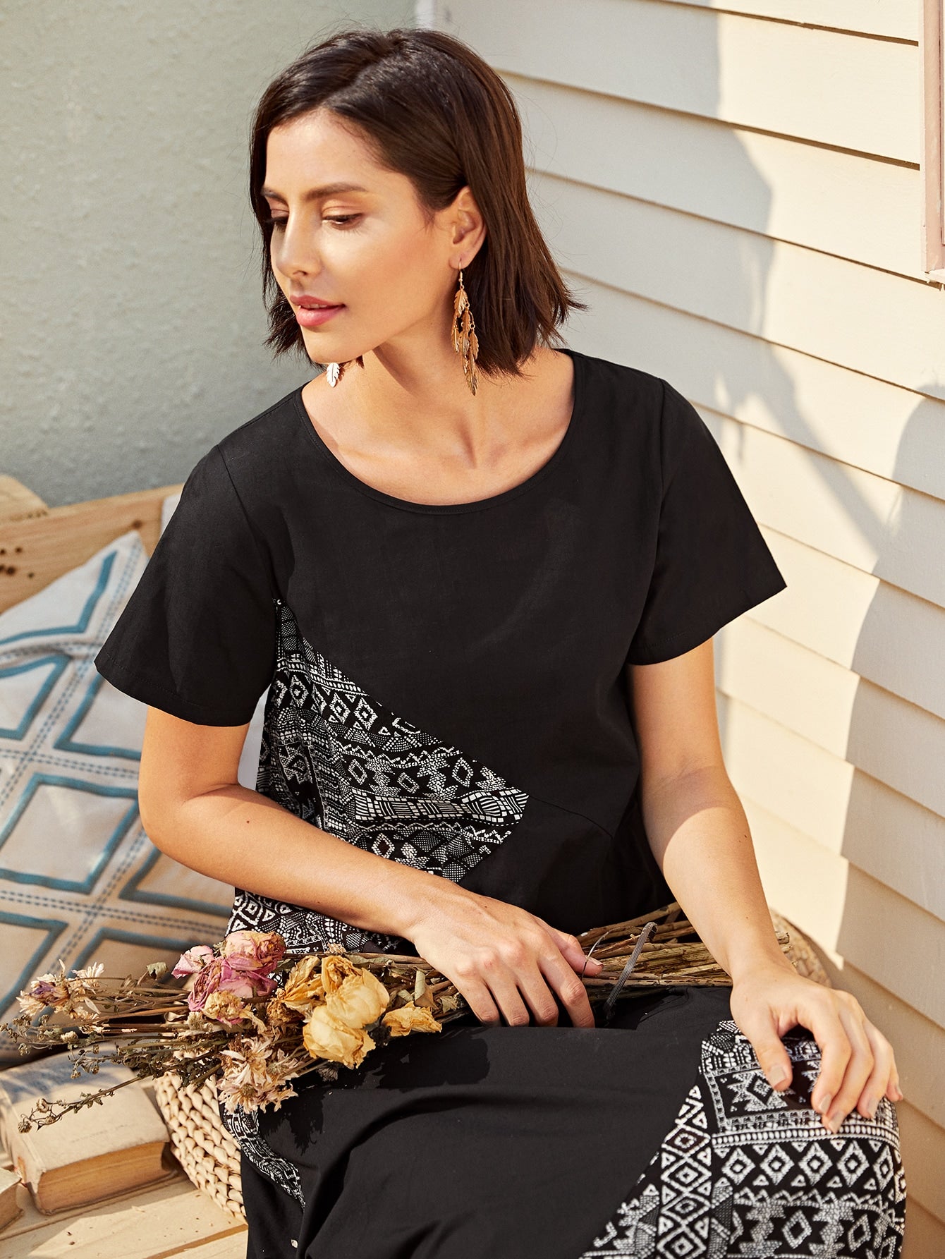 Contrast Aztec Panel Long Dress