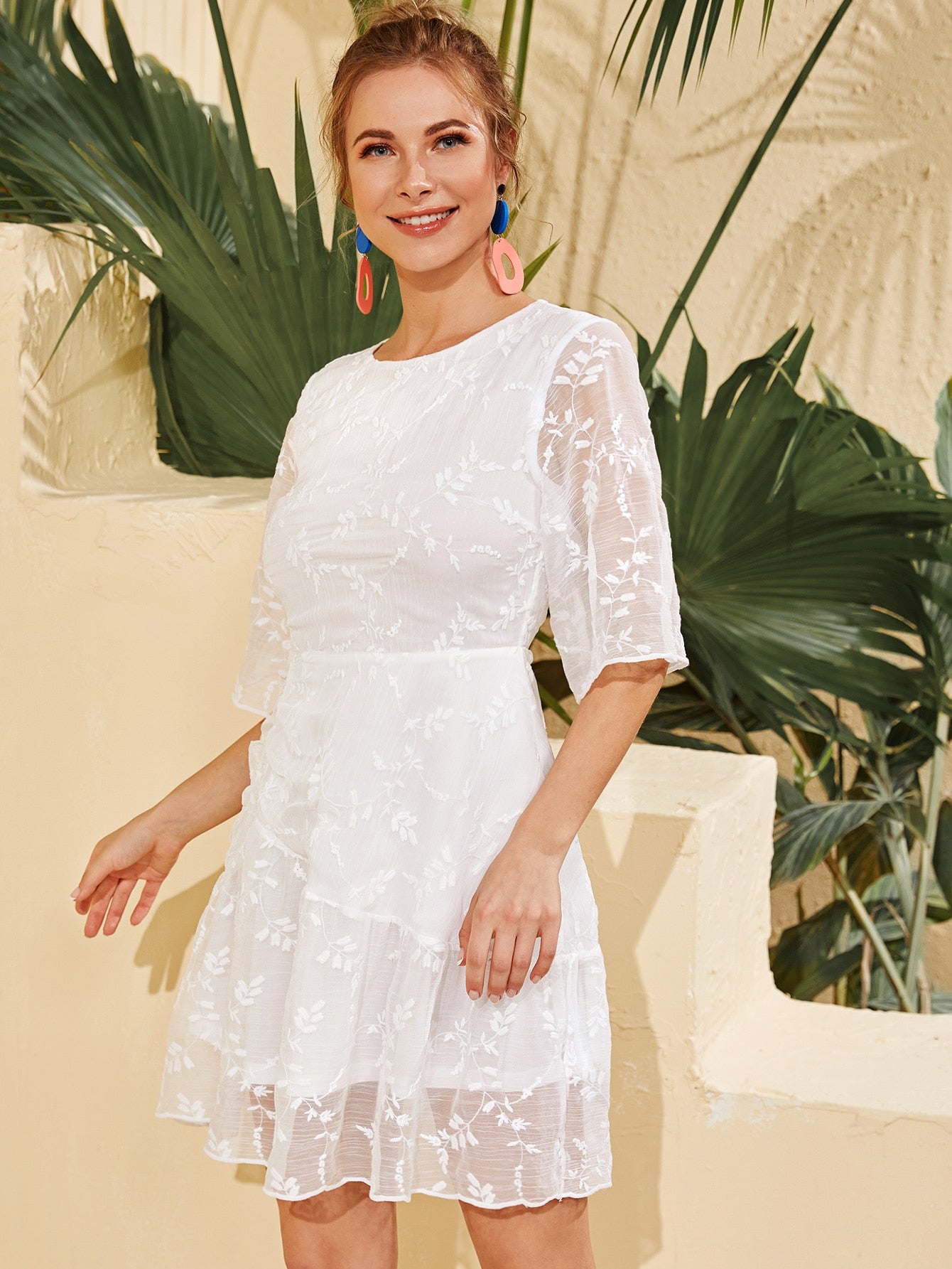 Plant Embroidered Keyhole Back Dress