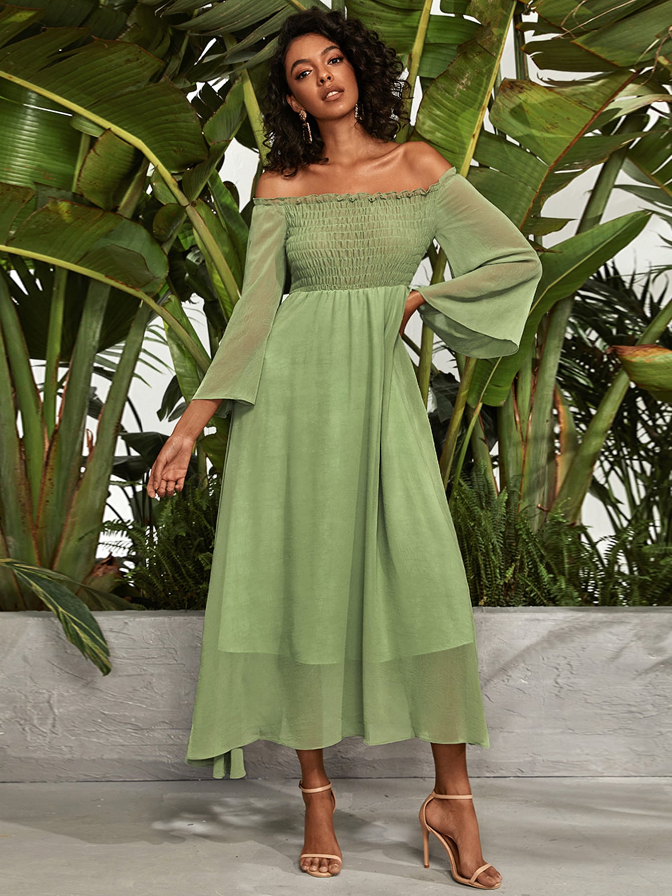 Frill Trim Shirred Bardot Chiffon A-line Dress