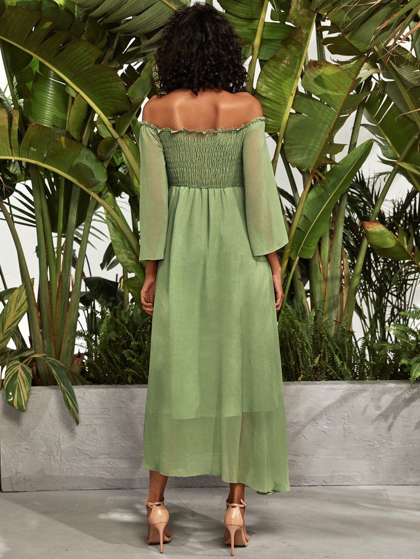 Frill Trim Shirred Bardot Chiffon A-line Dress
