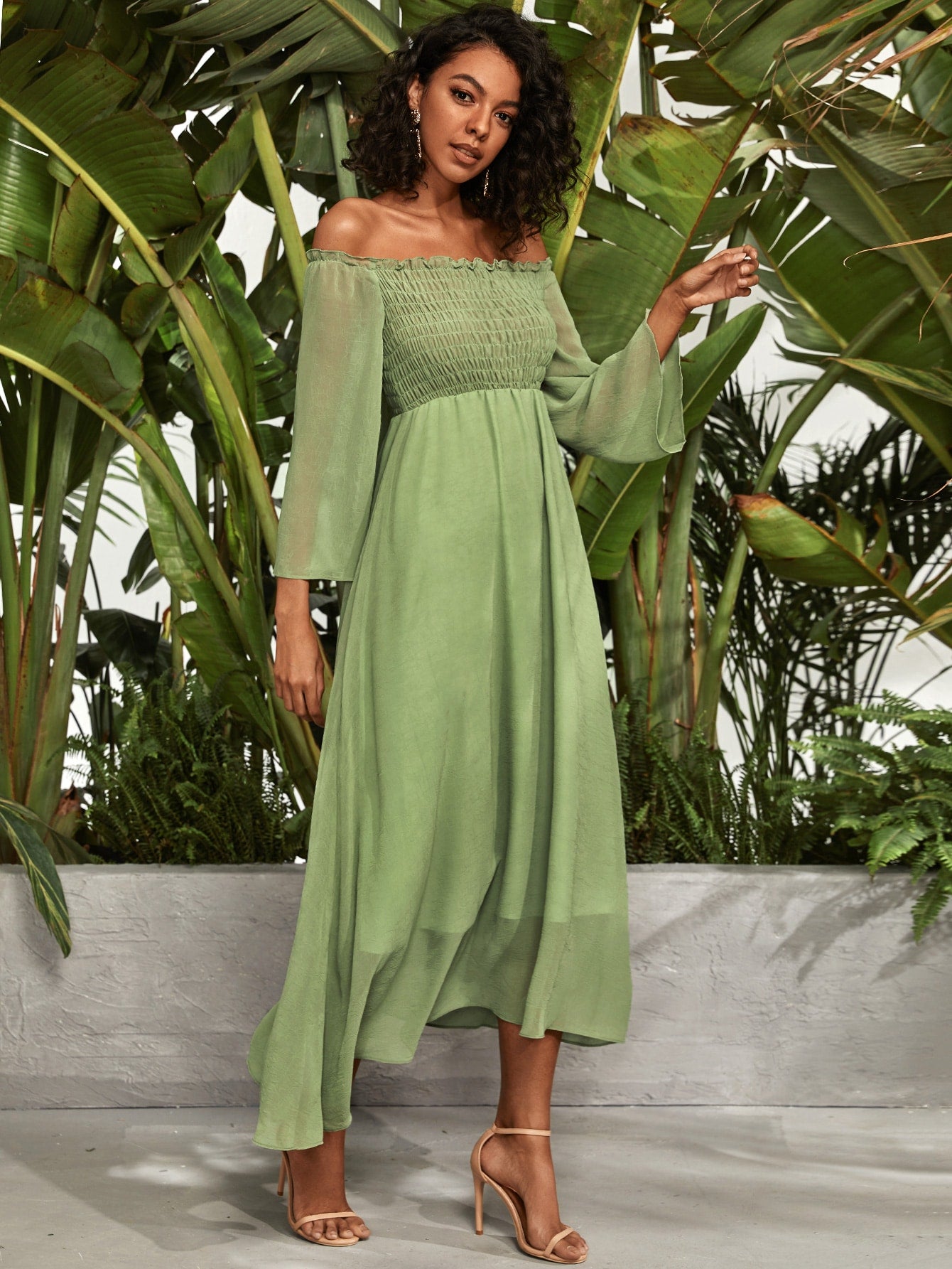 Frill Trim Shirred Bardot Chiffon A-line Dress