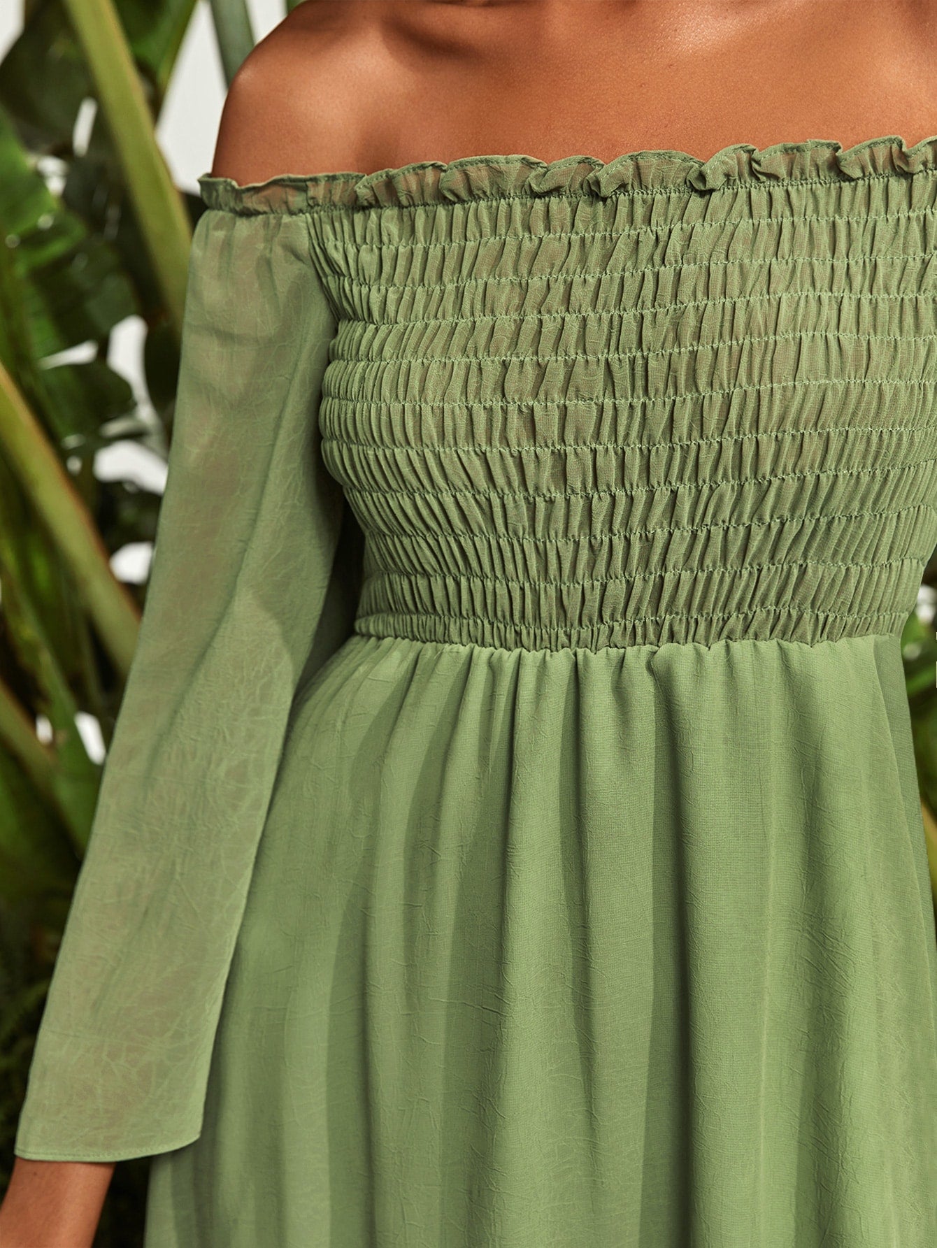 Frill Trim Shirred Bardot Chiffon A-line Dress