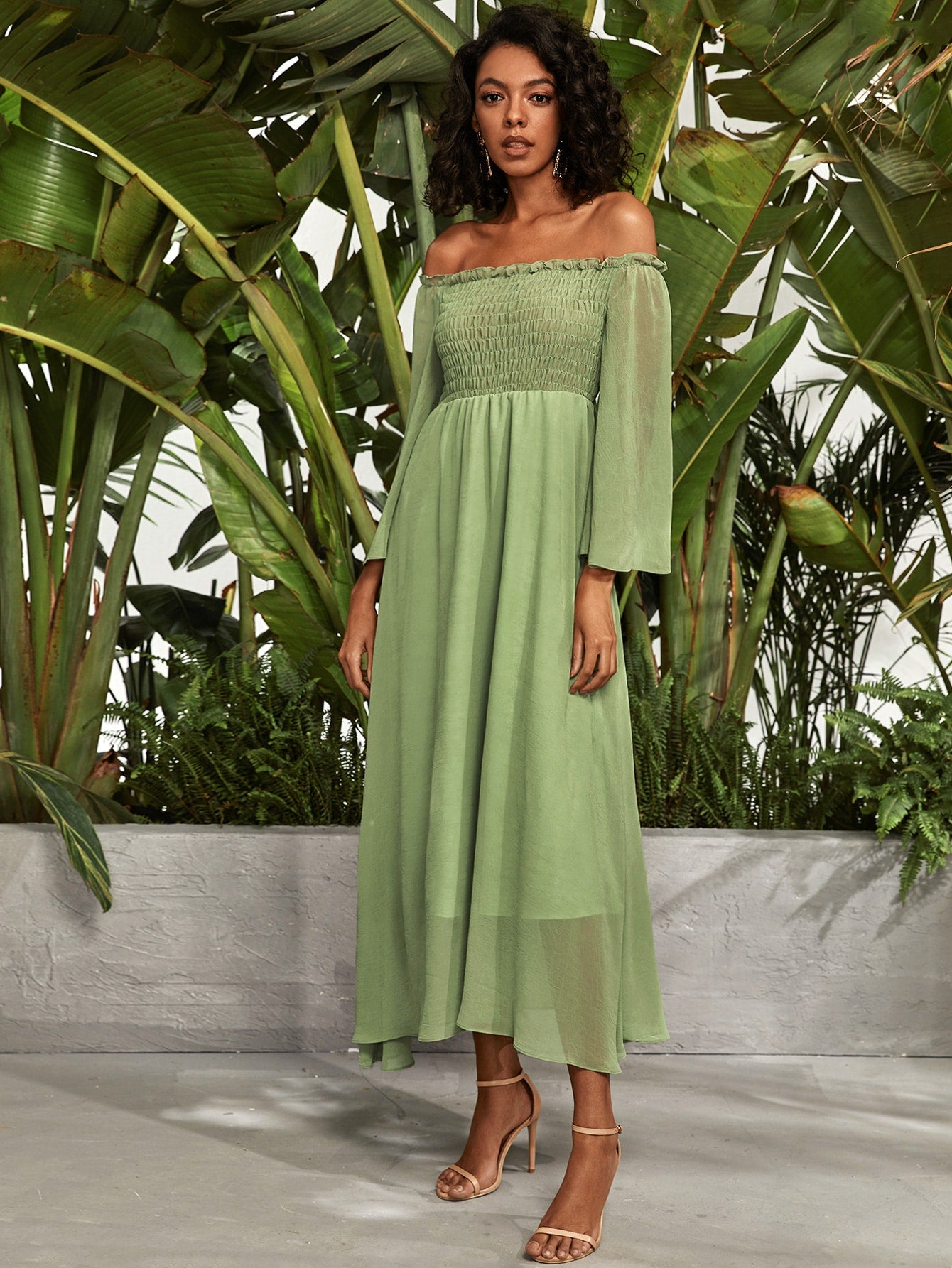 Frill Trim Shirred Bardot Chiffon A-line Dress
