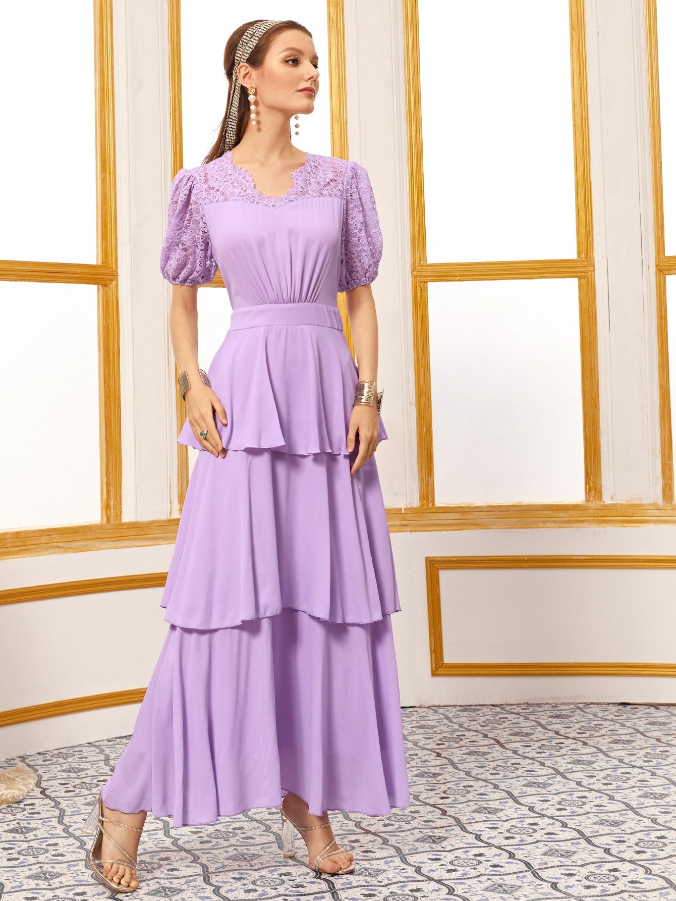 Lace Panel Puff Sleeve Layered Ruffle Hem Dress