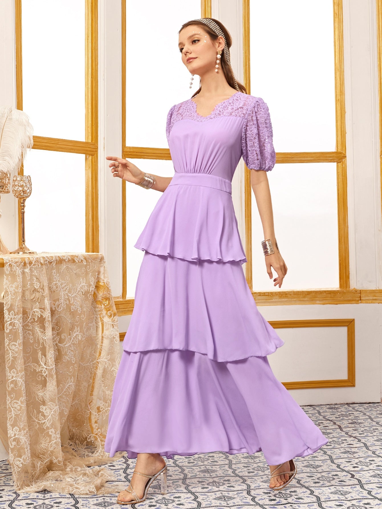 Lace Panel Puff Sleeve Layered Ruffle Hem Dress