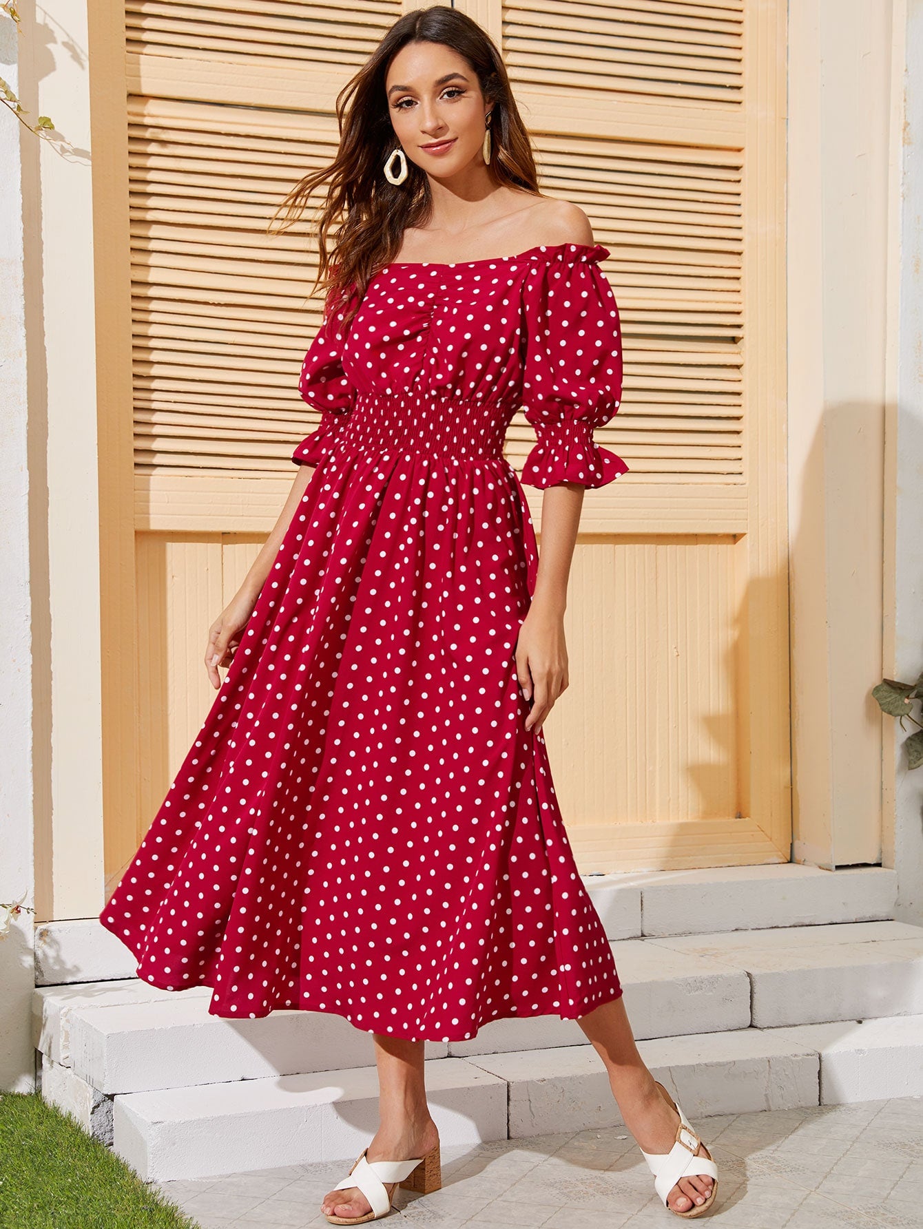 Bardot Polka Dot Shirred Waist Longline Dress