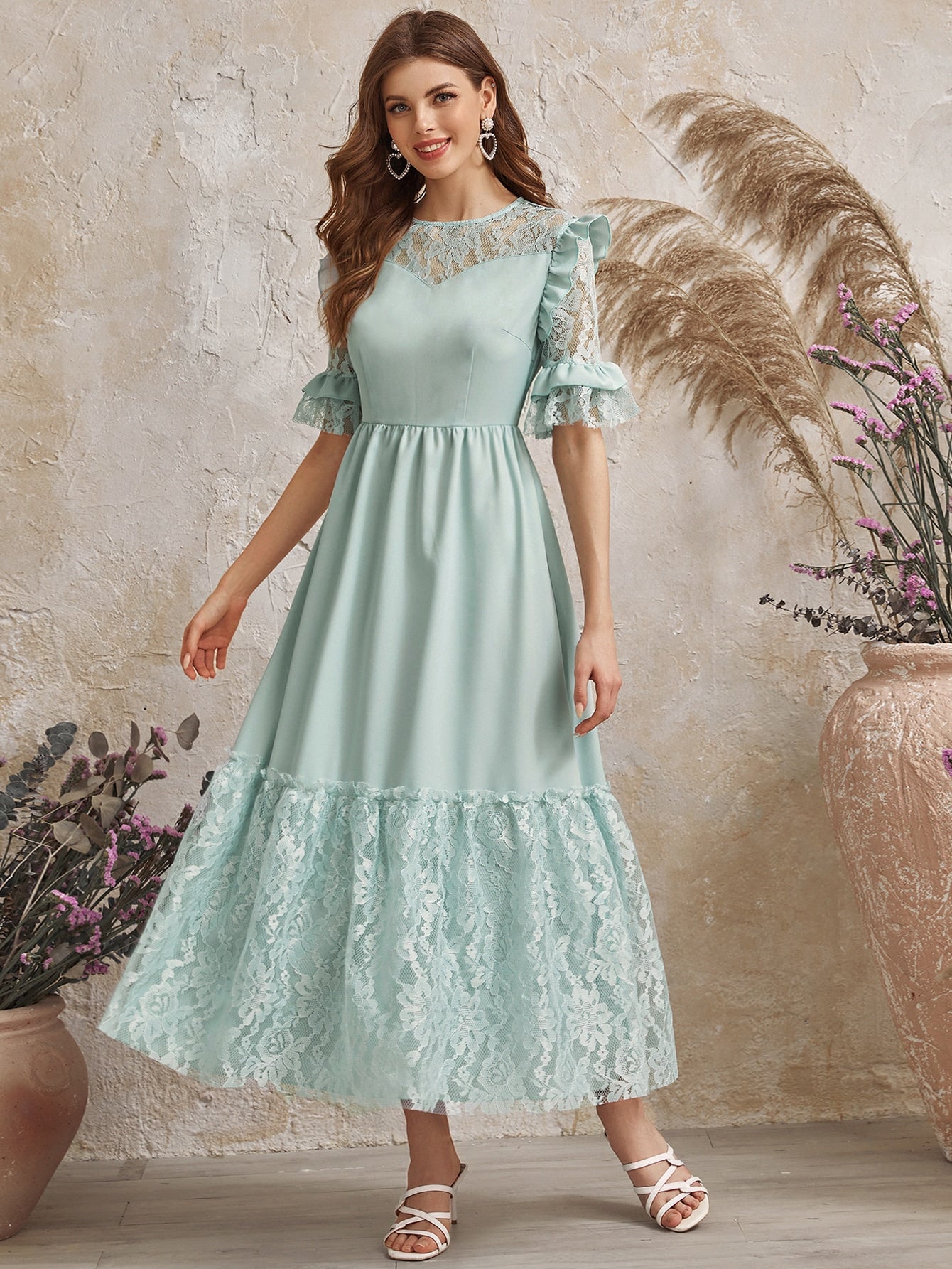 Flounce Sleeve Lace Insert Ruffle Trim Dress Amy's Cart Flounce Sleeve Lace Insert Ruffle Trim Dress Amy's Cart