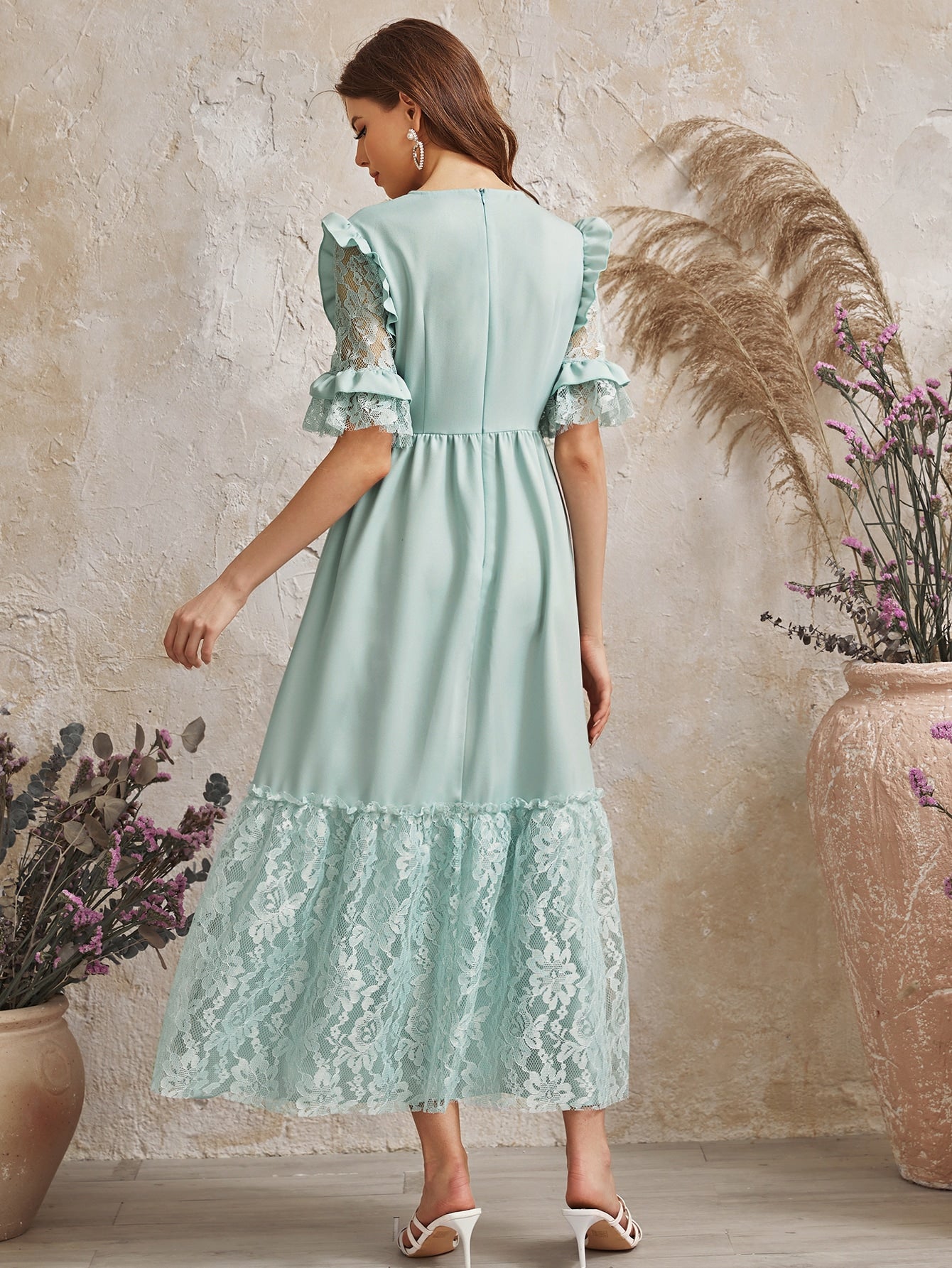 Flounce Sleeve Lace Insert Ruffle Trim Dress