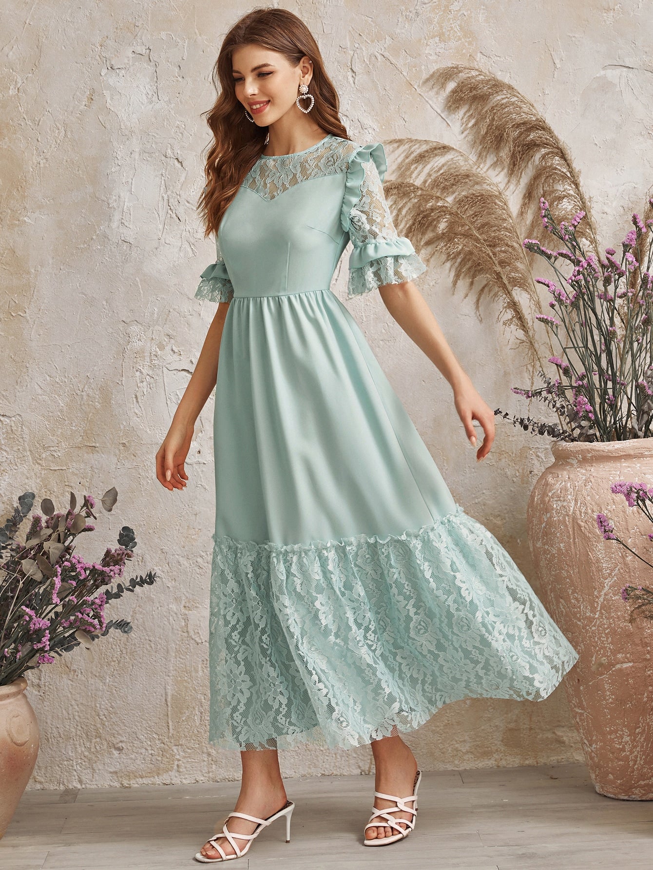 Flounce Sleeve Lace Insert Ruffle Trim Dress