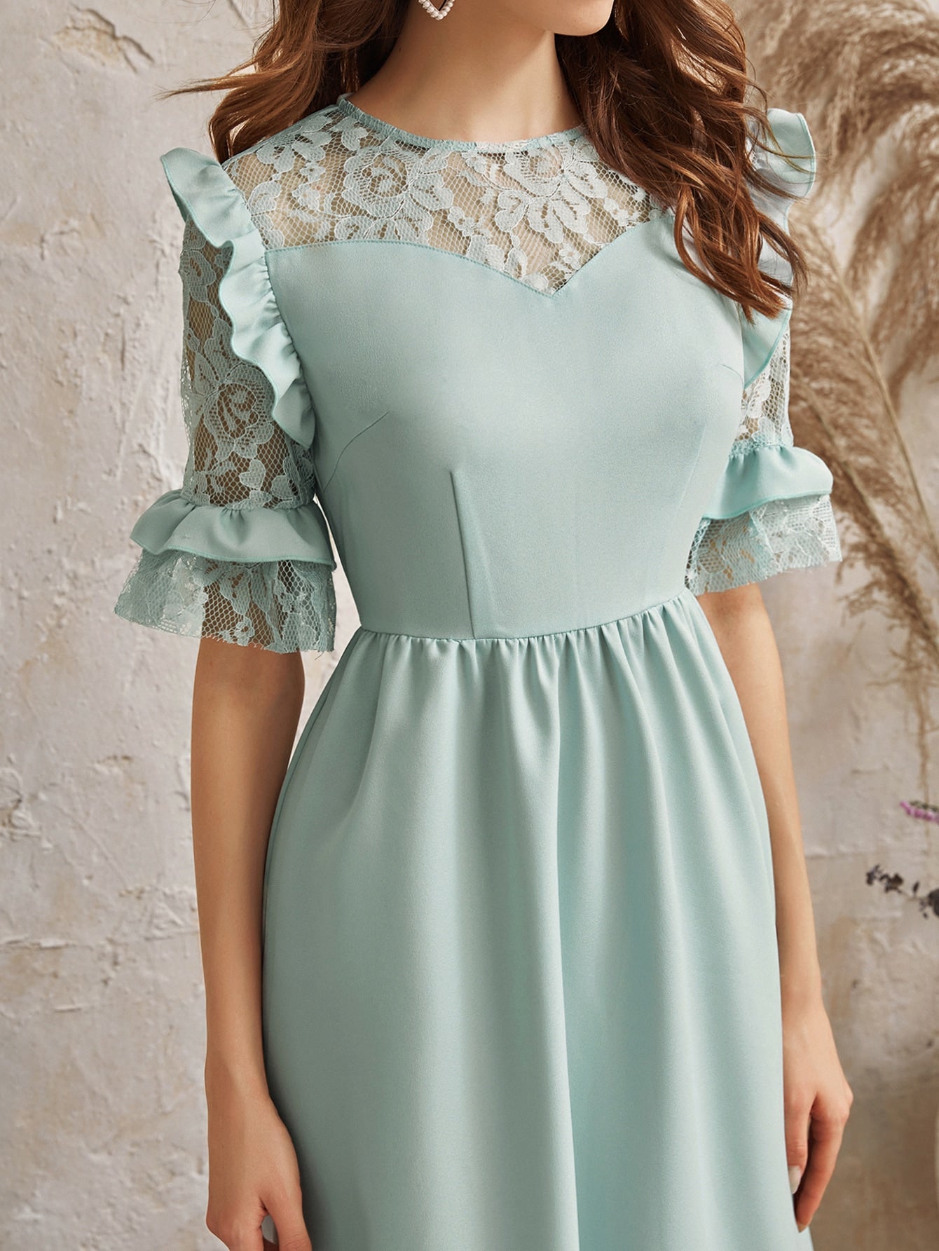 Flounce Sleeve Lace Insert Ruffle Trim Dress