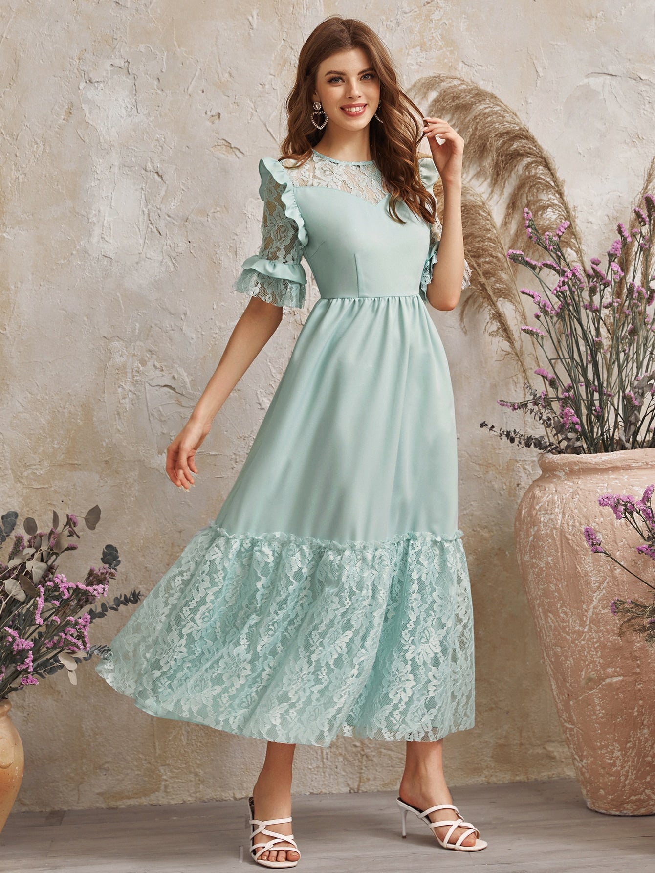 Flounce Sleeve Lace Insert Ruffle Trim Dress