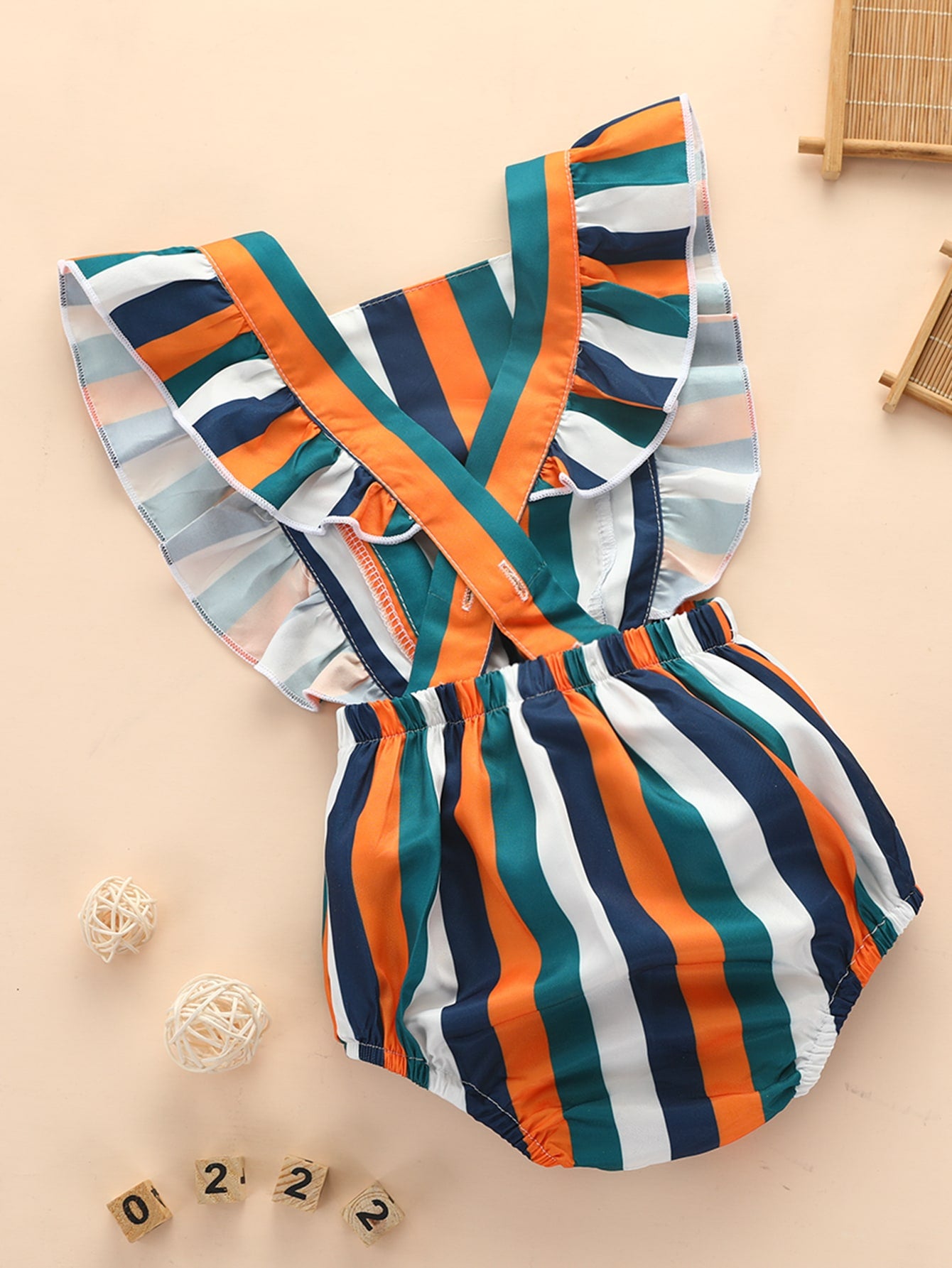 Baby Girl Striped Ruffle Trim Pinafore Bodysuit