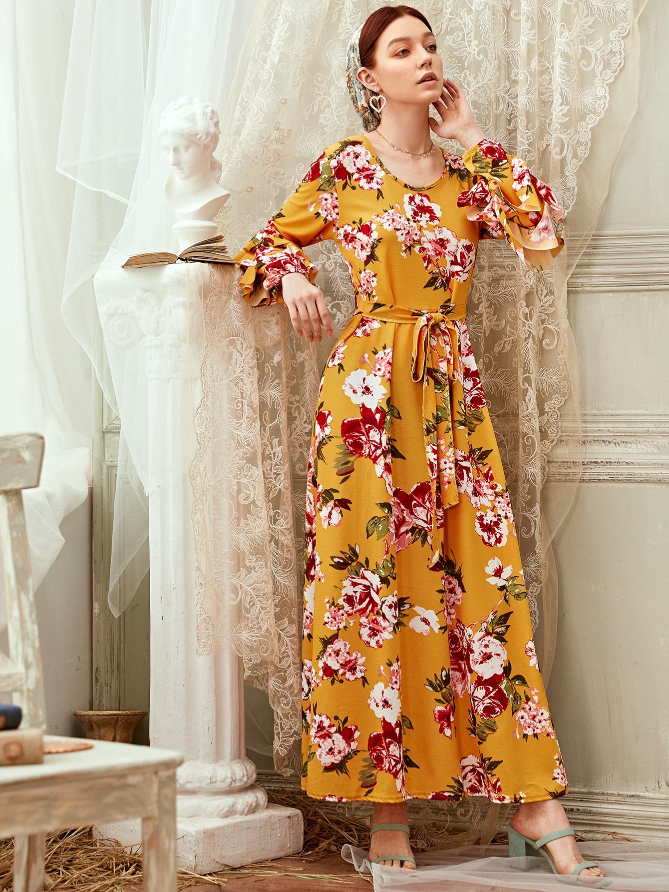 Ruffle Trim Floral Print Belted Maxi Dress