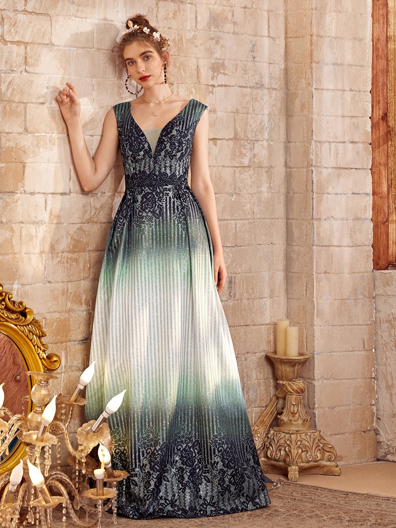 Striped And Floral Embroidery Floor Formal Dress